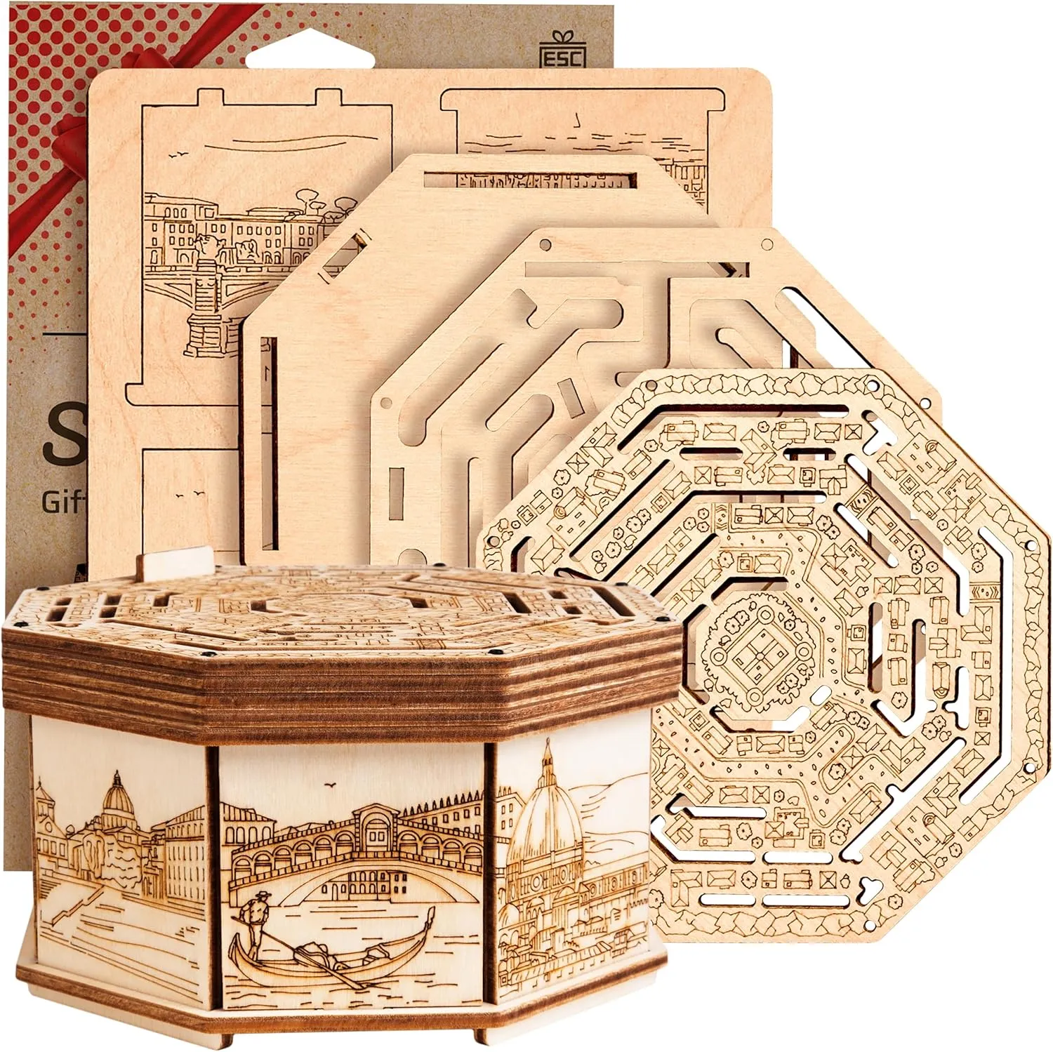 ESC WELT Secret Maze Box 3D Wooden Puzzle Game - Creative Gift Box for Money, Vouchers, Gift Cards - 3-in-1 Wooden Box Game - Gift Box for Teenagers and Adults - 3D Wooden Puzzle
