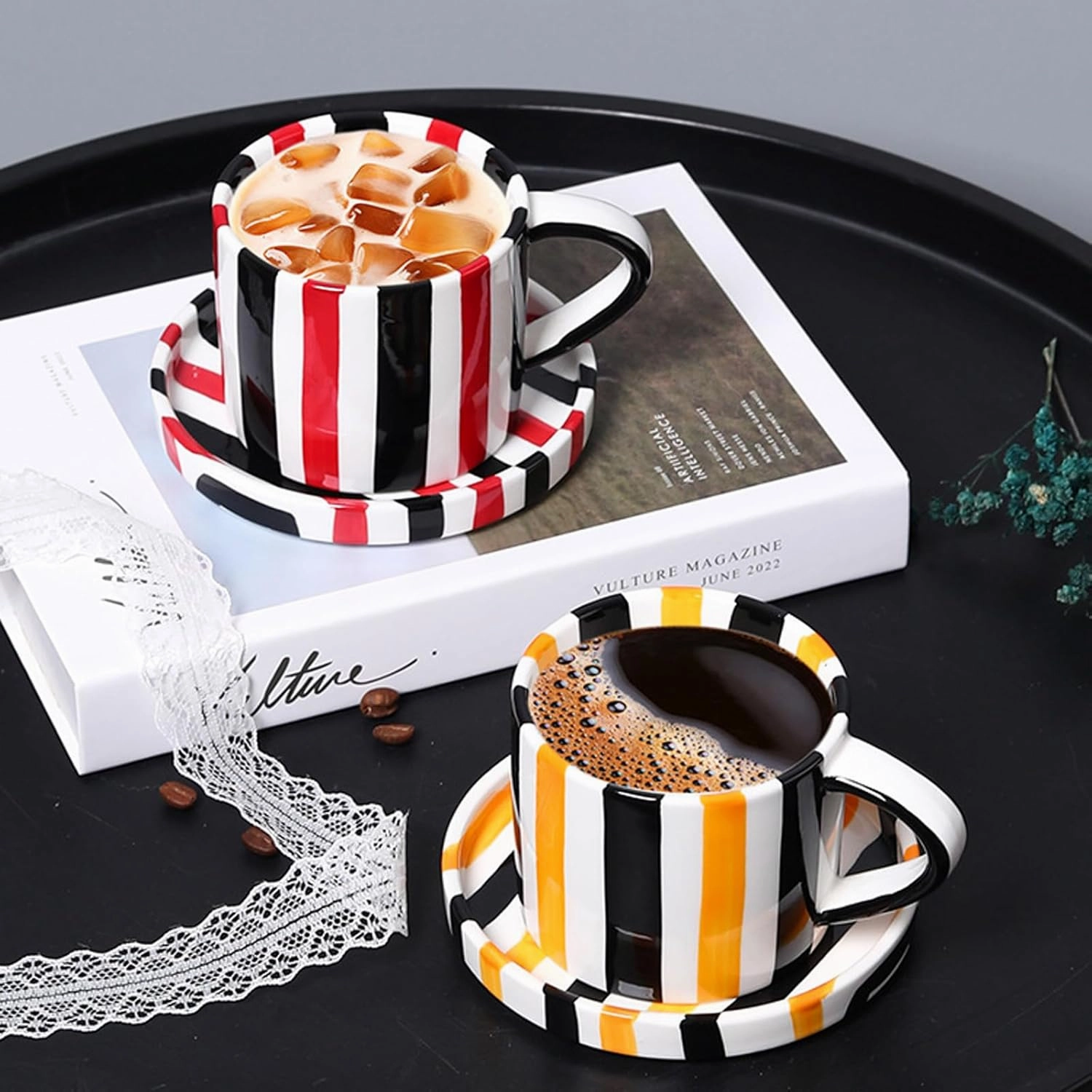 Espresso Cups Ceramic Coffee Mug Series European Striped Dot Coffee Cup And Saucer Mug Cake Plate Afternoon Tea Set Tea Cup And Saucer,Pinkblack