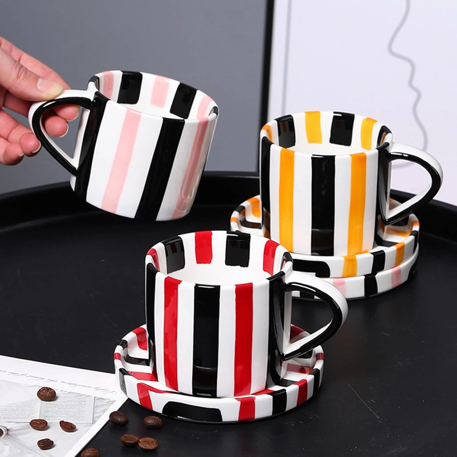 Espresso Cups Ceramic Coffee Mug Series European Striped Dot Coffee Cup And Saucer Mug Cake Plate Afternoon Tea Set Tea Cup And Saucer,Pinkblack
