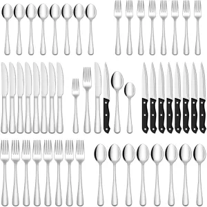 EUIRIO 72-Piece Silverware Set with Steak Knives, Heavy Duty Stainless Steel Flatware Set for 12, Food-Grade Tableware Cutlery Set, Utensil Sets for Home Restaurant, Mirror Finish, Dishwasher Safe