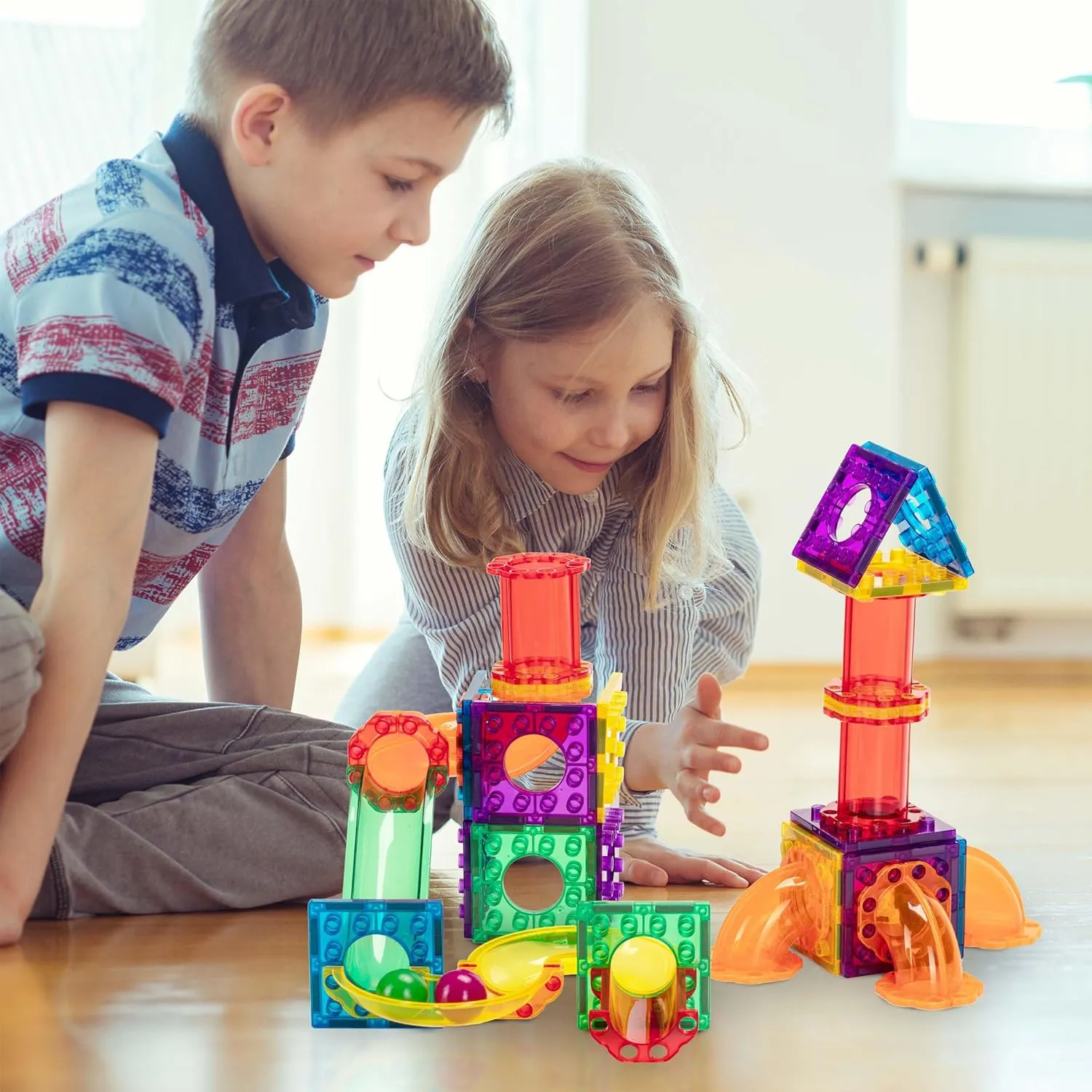 Everplay 60 Piece Marble Run Magnetic Building Toys Magnet Tile Construction Blocks STEM Learning Educational Toy Playset Toddlers Preschool Boys Girls Kids Children Unlimited Creations Age 3  and Up