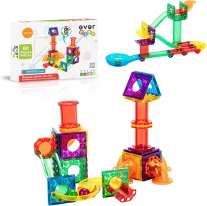 Everplay 60 Piece Marble Run Magnetic Building Toys Magnet Tile Construction Blocks STEM Learning Educational Toy Playset Toddlers Preschool Boys Girls Kids Children Unlimited Creations Age 3  and Up
