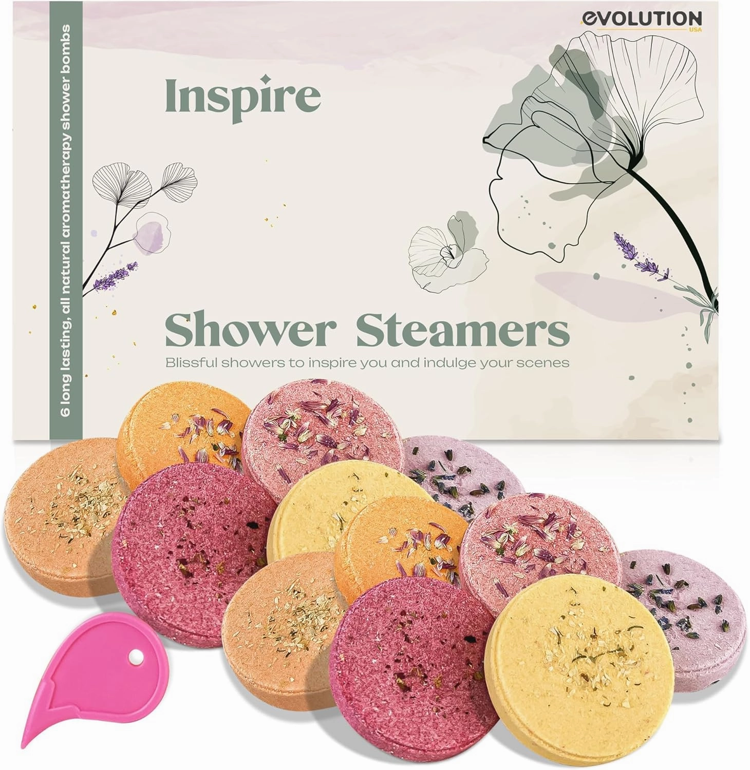 EvolutionUSA Inspire Organic Shower Steamers for Women, 12 Natural Shower Steamer Gift Set, Shower Bombs for Women, All Natural Aromatherapy Gift for Birthday, Mothers Day, Easter, Christmas