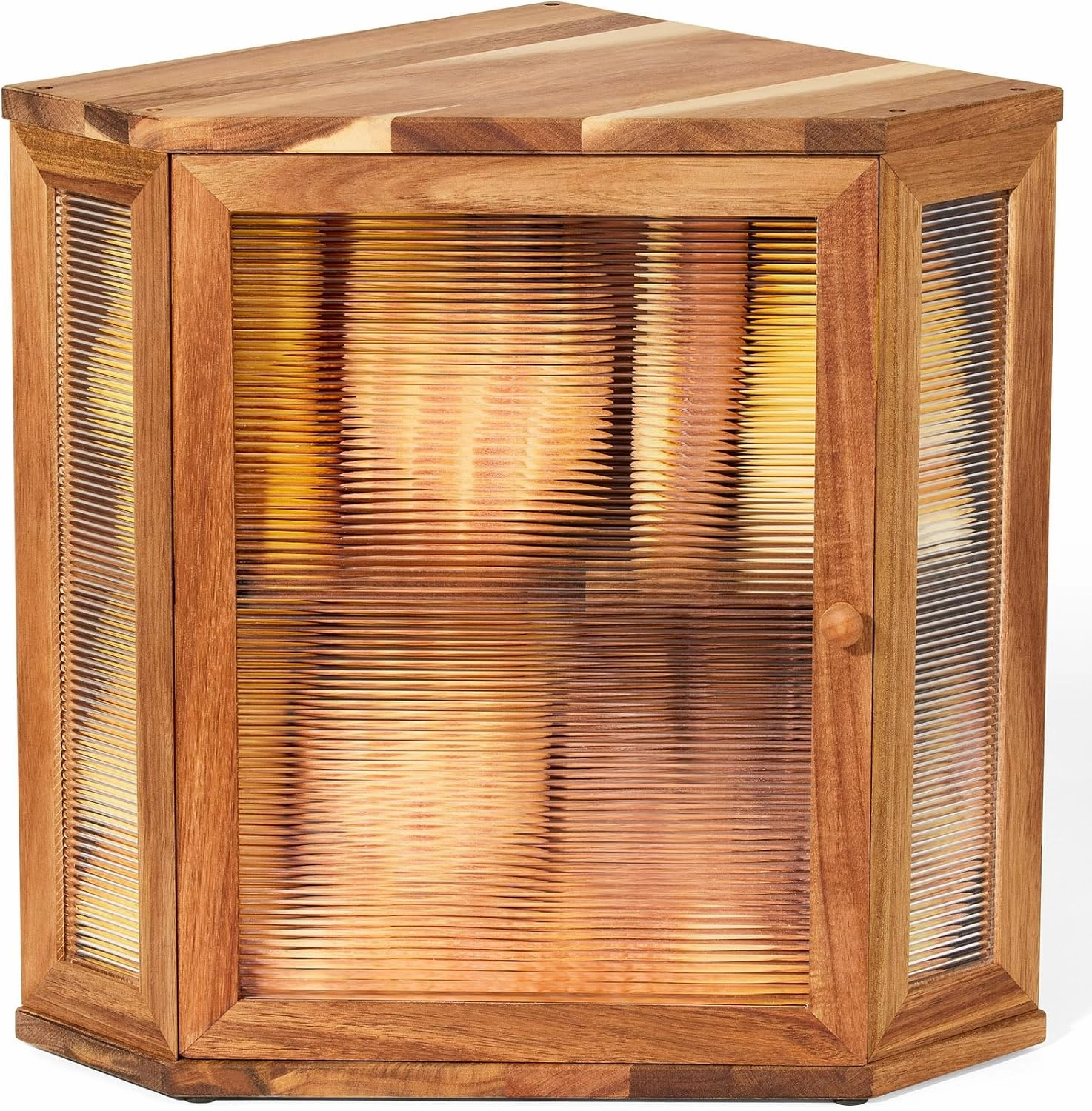 Extra Large Corner Bread Box for Kitchen Counter Corner Storage，Double Layer adjustable Large Capacity Bread Storage Bin，Natural Acacia Wood with Acrylic Wavy Door Panel