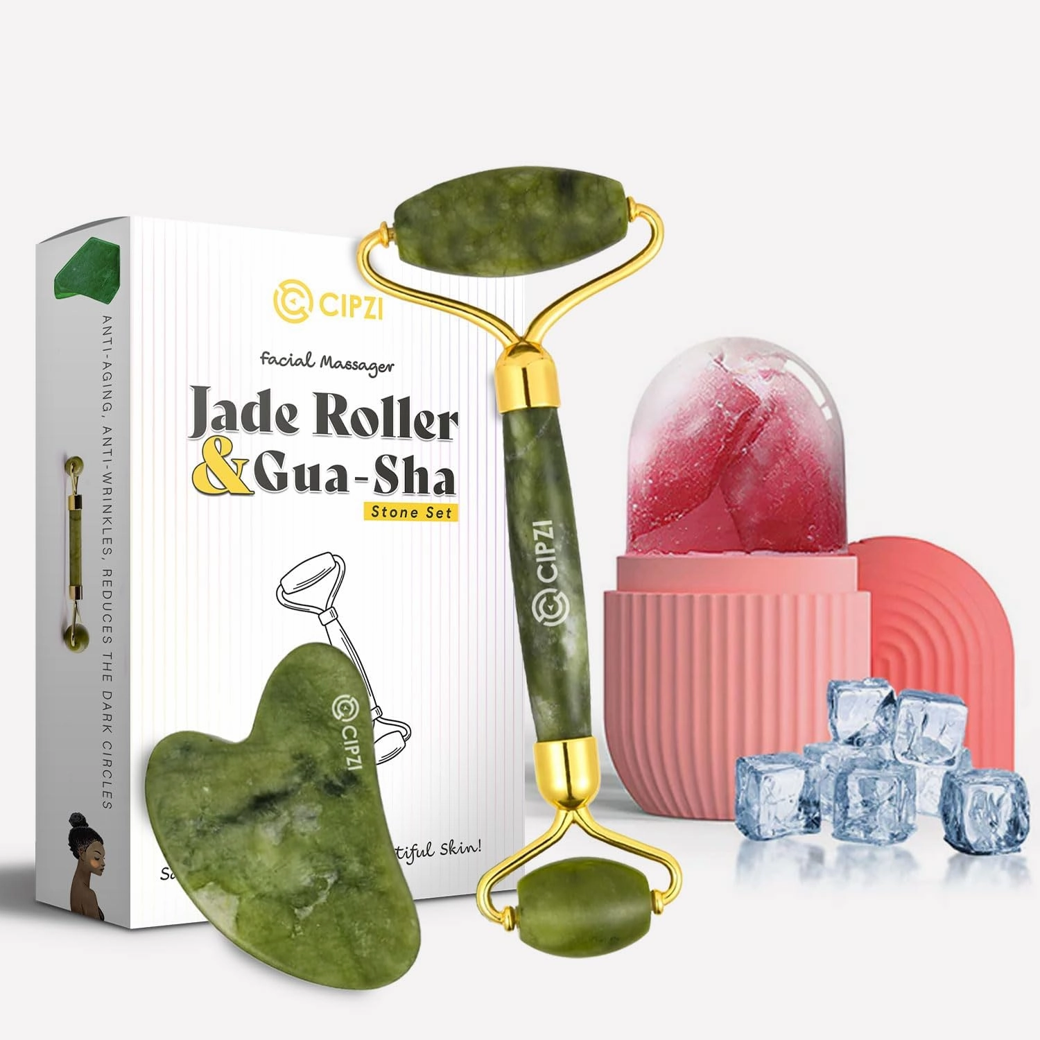 Face Massager For Women Reusable Silicon Ice Cube Roller Massage And 100% Natural Jade Roller with Gua Sha Stone Set Facial Roller For Skin Eye Neck Body