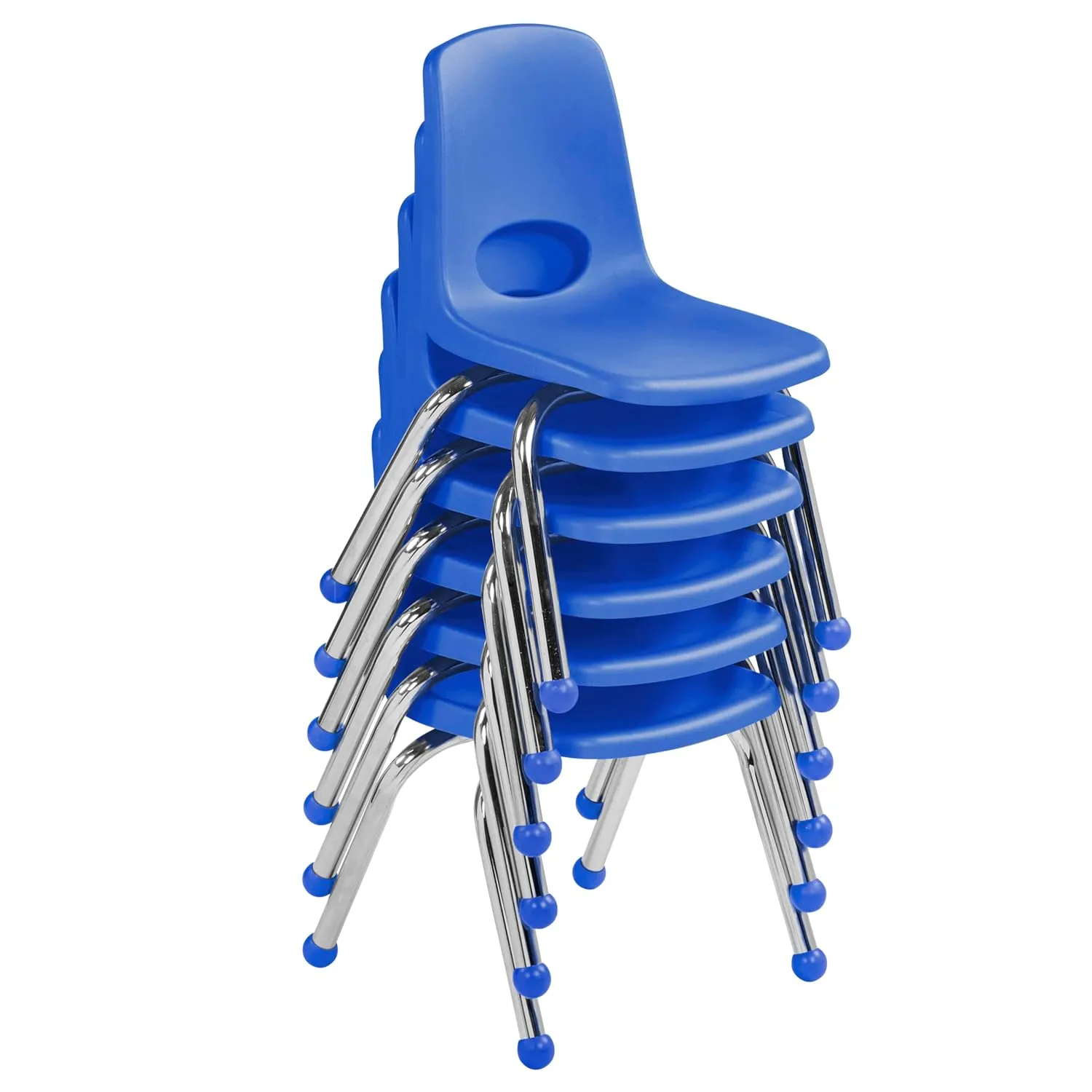 Factory Direct Partners 10359-BL 12" School Stack Chair, Stacking Student Seat with Chromed Steel Legs and Ball Glides for in-Home Learning or Classroom - Blue (6-Pack)