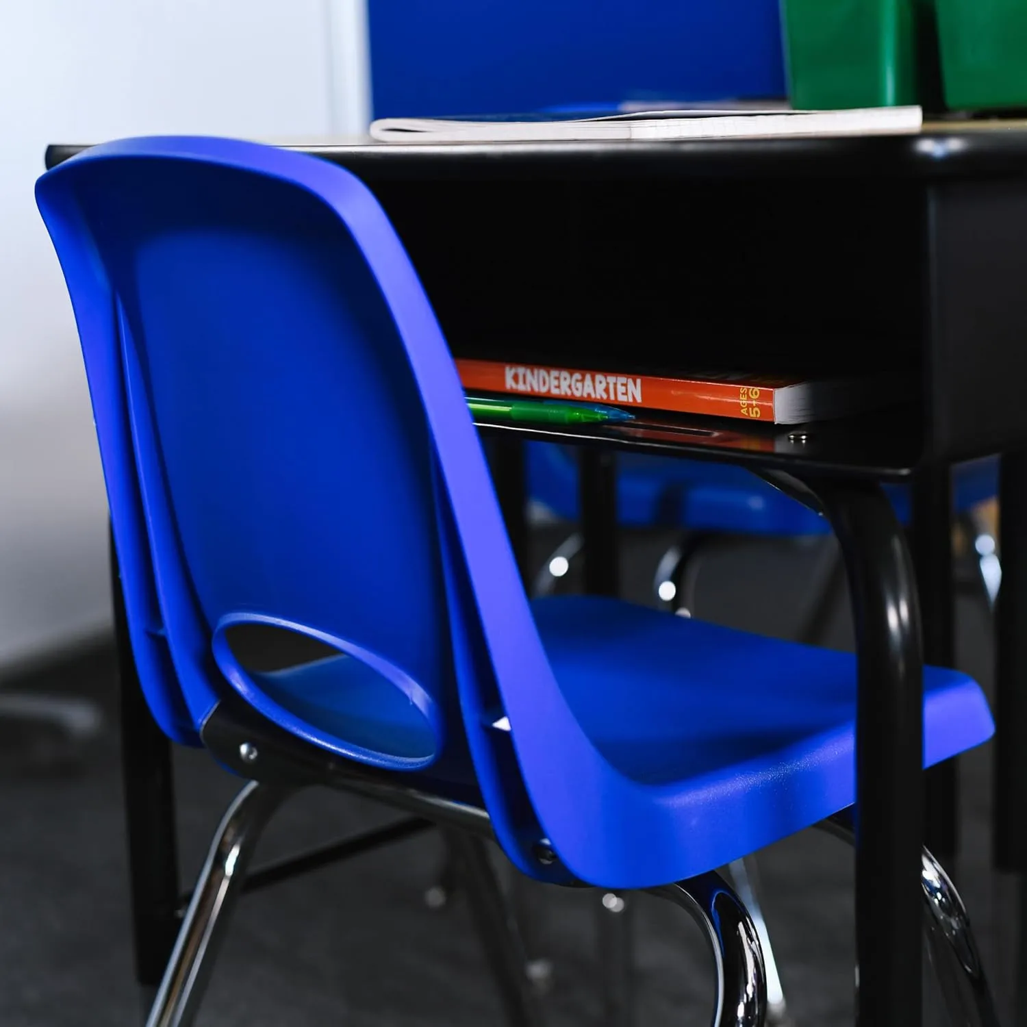 Factory Direct Partners 10359-BL 12" School Stack Chair, Stacking Student Seat with Chromed Steel Legs and Ball Glides for in-Home Learning or Classroom - Blue (6-Pack)