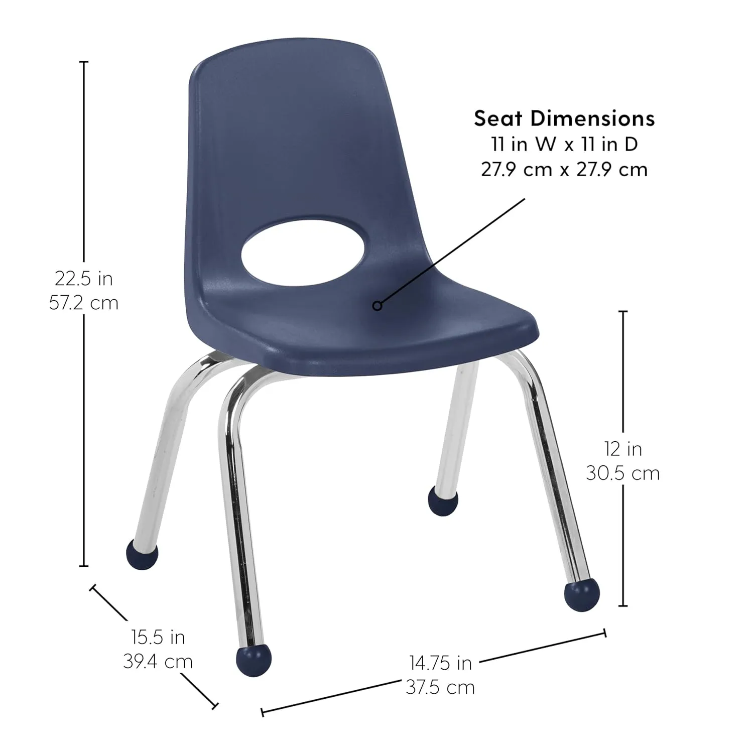 Factory Direct Partners 10359-NV 12" School Stack Chair, Stacking Student Seat with Chromed Steel Legs and Ball Glides for in-Home Learning or Classroom - Navy (6-Pack)