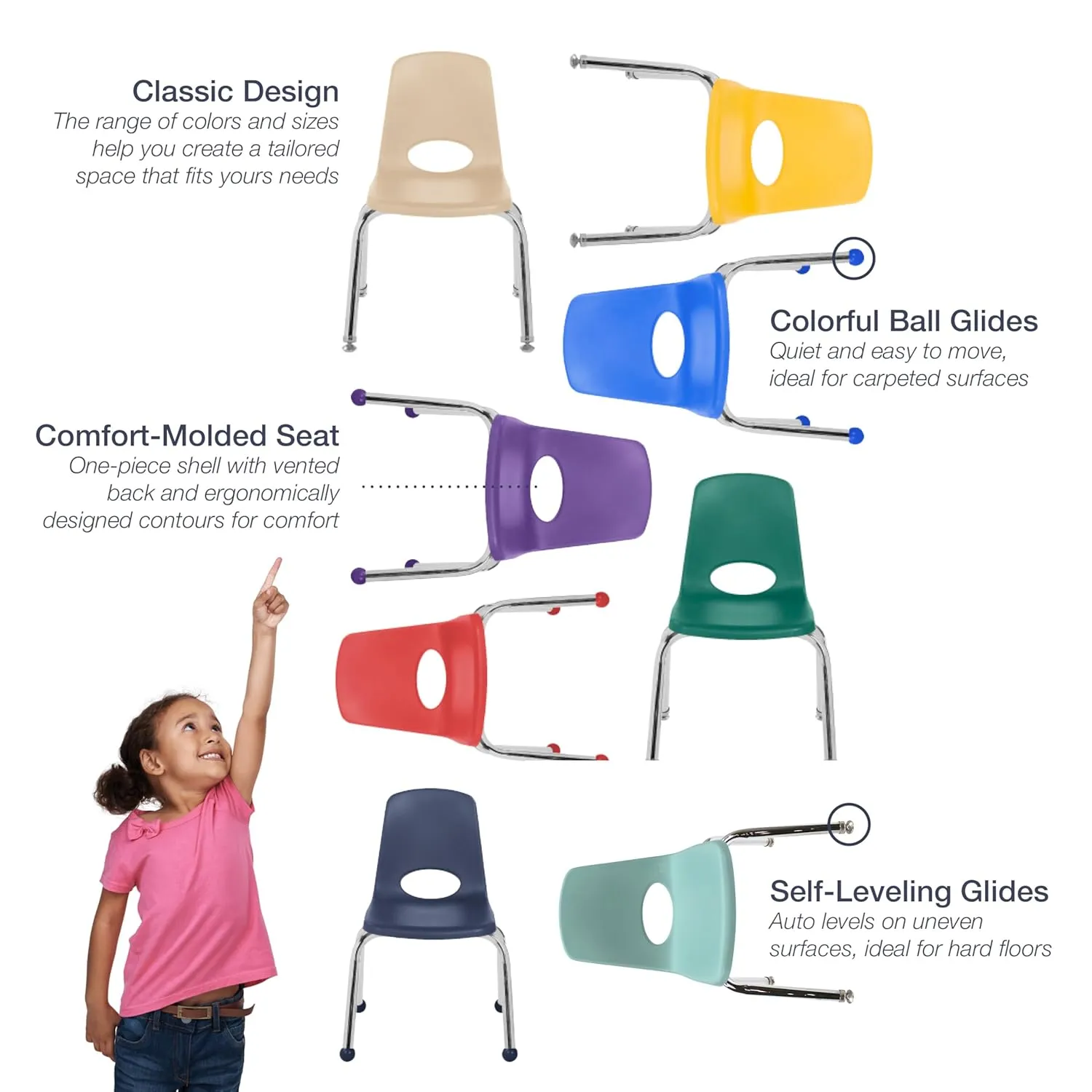 Factory Direct Partners 10359-NV 12" School Stack Chair, Stacking Student Seat with Chromed Steel Legs and Ball Glides for in-Home Learning or Classroom - Navy (6-Pack)