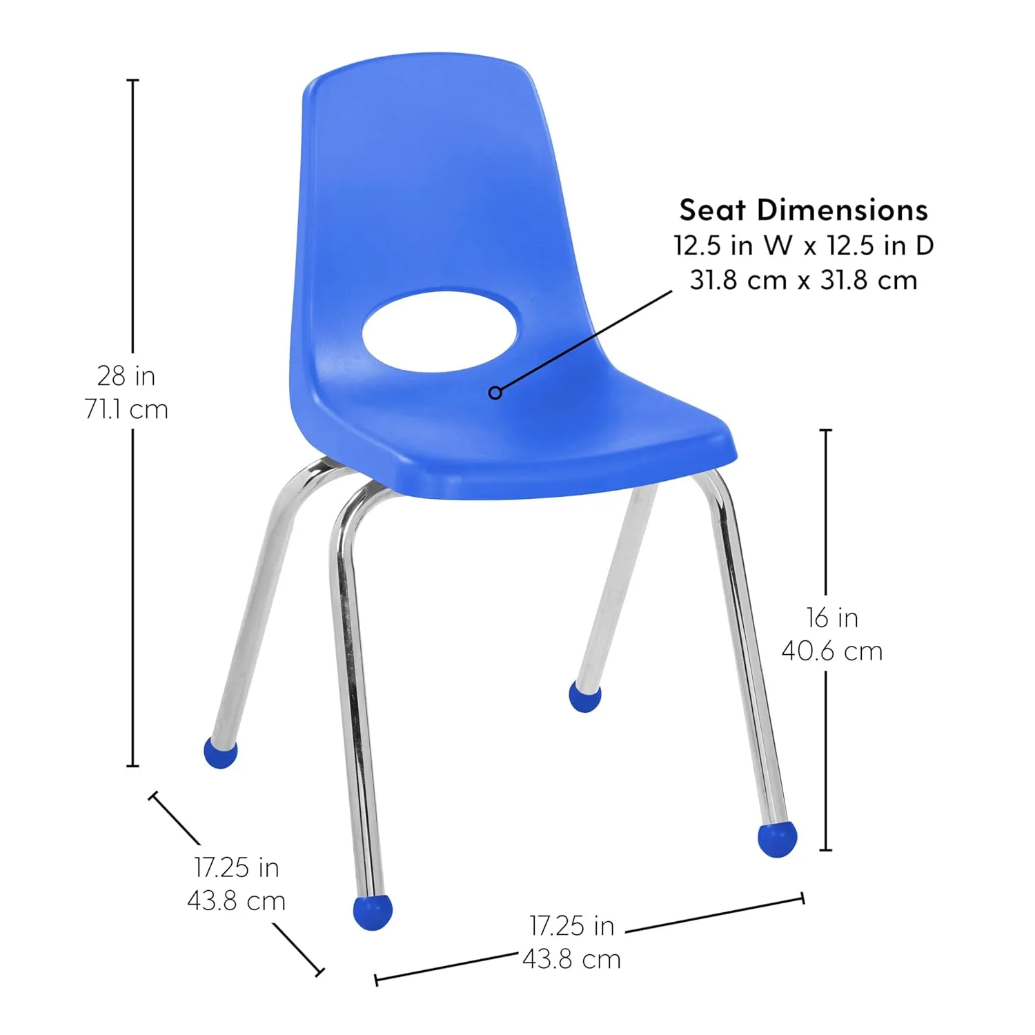 Factory Direct Partners 10382-BL 16" School Stack Chair, Stacking Student Seat with Chromed Steel Legs and Ball Glides for in-Home Learning or Classroom - Blue (4-Pack)