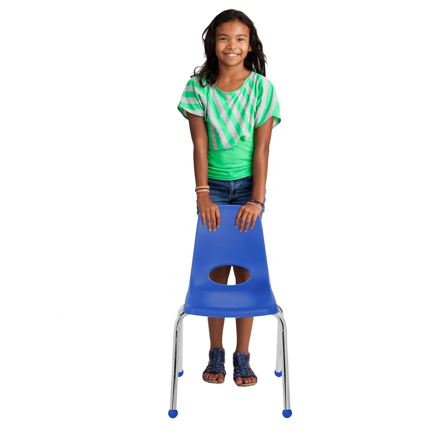 Factory Direct Partners 10382-BL 16" School Stack Chair, Stacking Student Seat with Chromed Steel Legs and Ball Glides for in-Home Learning or Classroom - Blue (4-Pack)