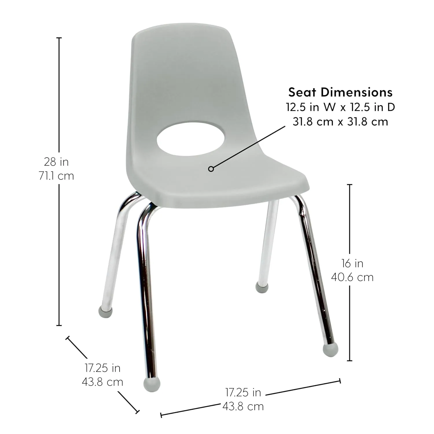 Factory Direct Partners 10382-LG 16" School Stack Chair, Stacking Student Seat with Chromed Steel Legs and Ball Glides for in-Home Learning or Classroom - Light Gray (4-Pack)