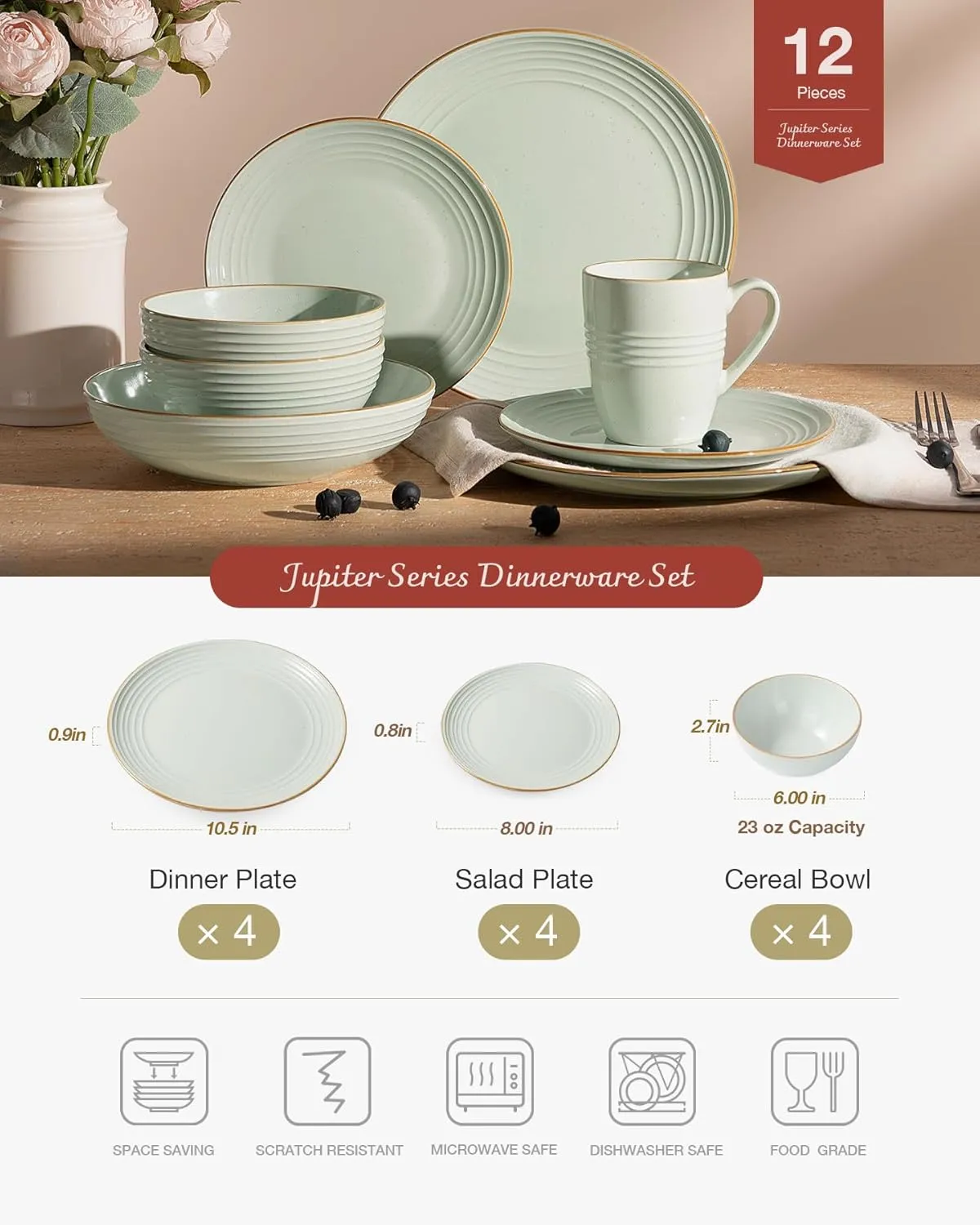 Famiware Jupiter Dinnerware Set, Plates and Bowls Dish Sets for 4 (12 Pieces), Microwave and Dishwasher Safe Stoneware Tableware, Chip and Scratch Resistant, Light Green