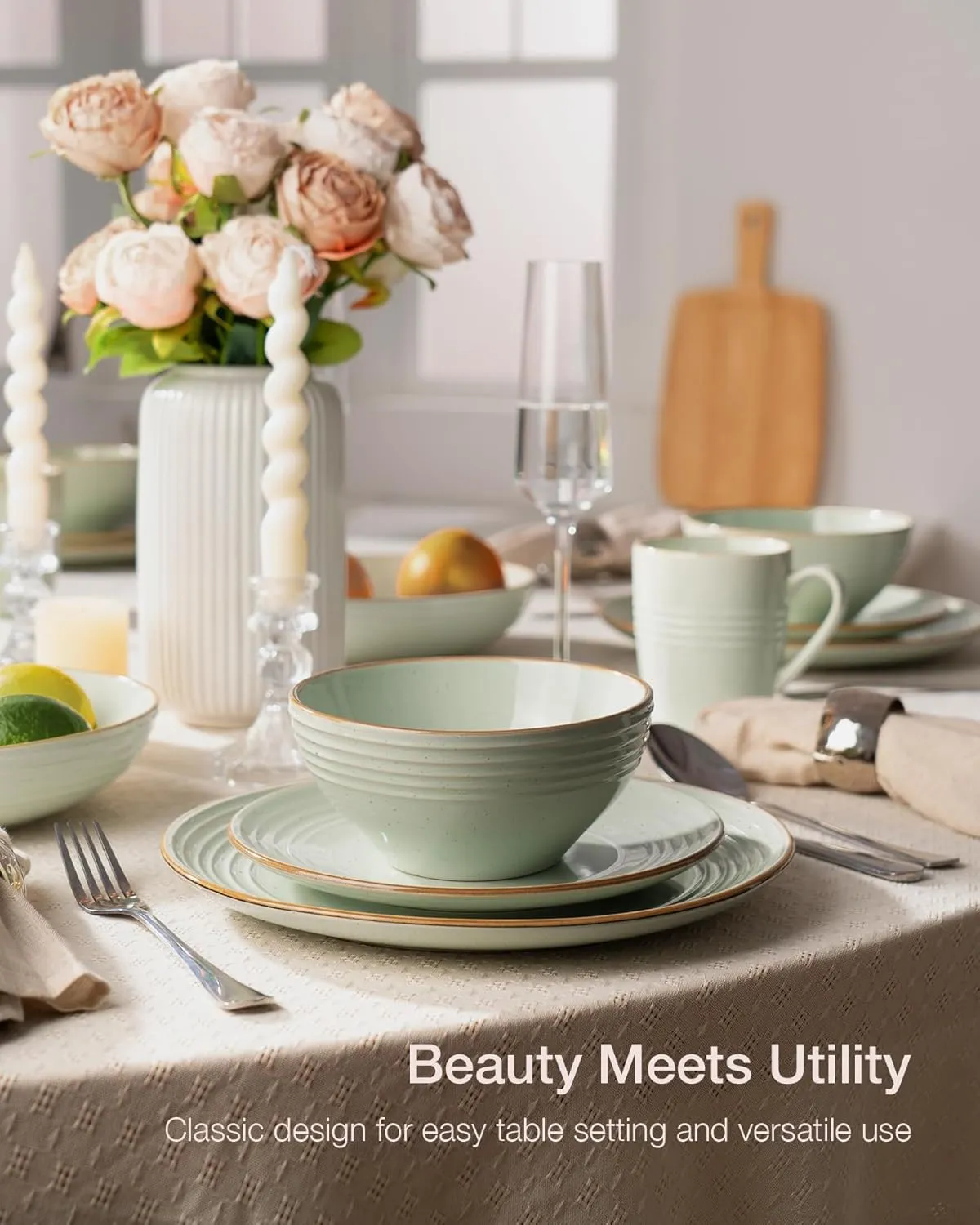 Famiware Jupiter Dinnerware Set, Plates and Bowls Dish Sets for 4 (12 Pieces), Microwave and Dishwasher Safe Stoneware Tableware, Chip and Scratch Resistant, Light Green