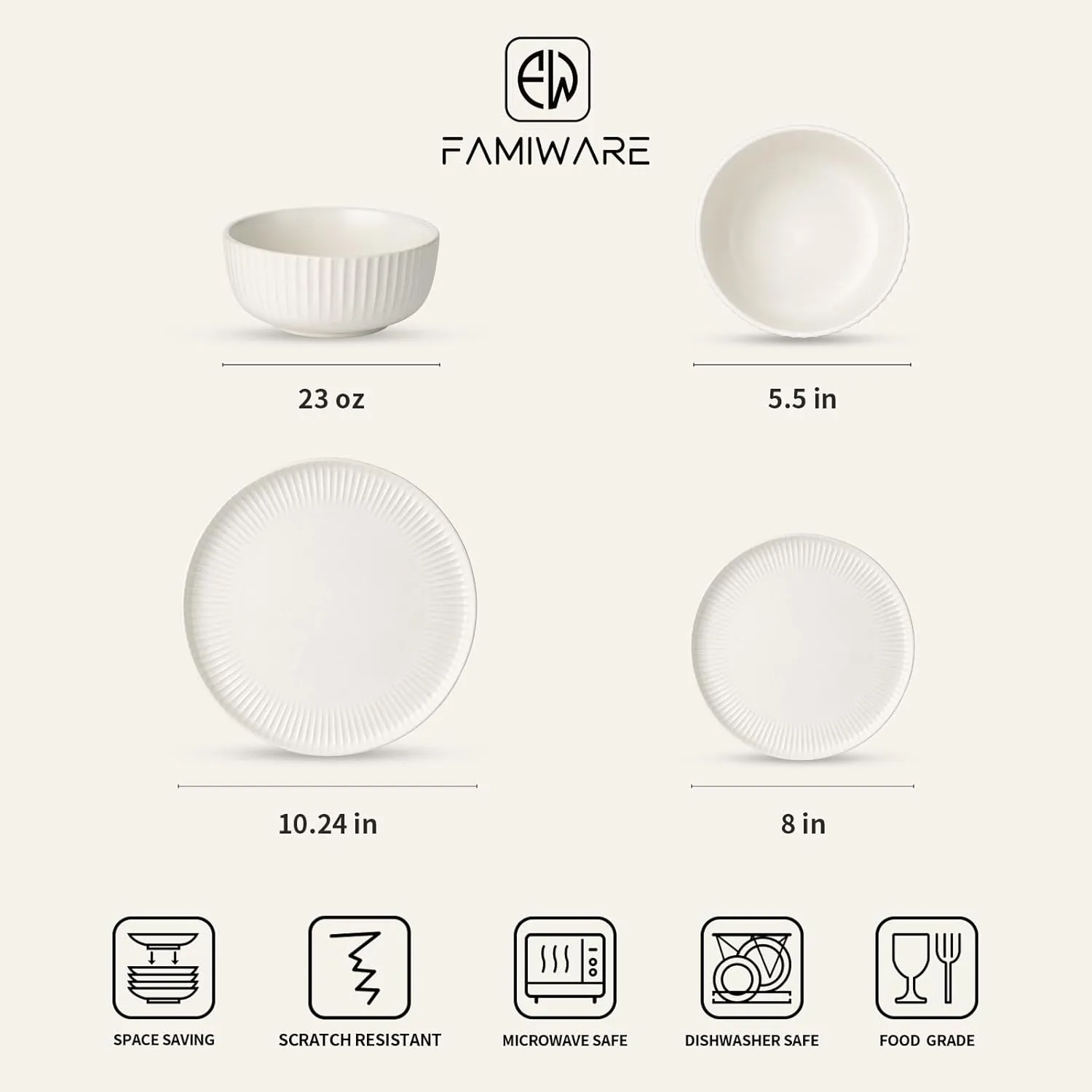 Famiware Starlight Dinnerware Sets, Plates and Bowls Dish Set of 8 (24 Pieces), Ribbed Textured Tableware - Dishwasher & Microwave Safe, Chip Resistant, Reactive Glaze, Matte Reactive White