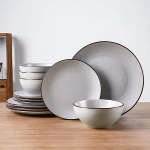 Famiware Venus Ceramic Plates and Bowls Sets, Speckled Dinnerware Dish Sets for 4 (12 Pieces) - Microwave and Dishwasher Safe, Matte Light Grey