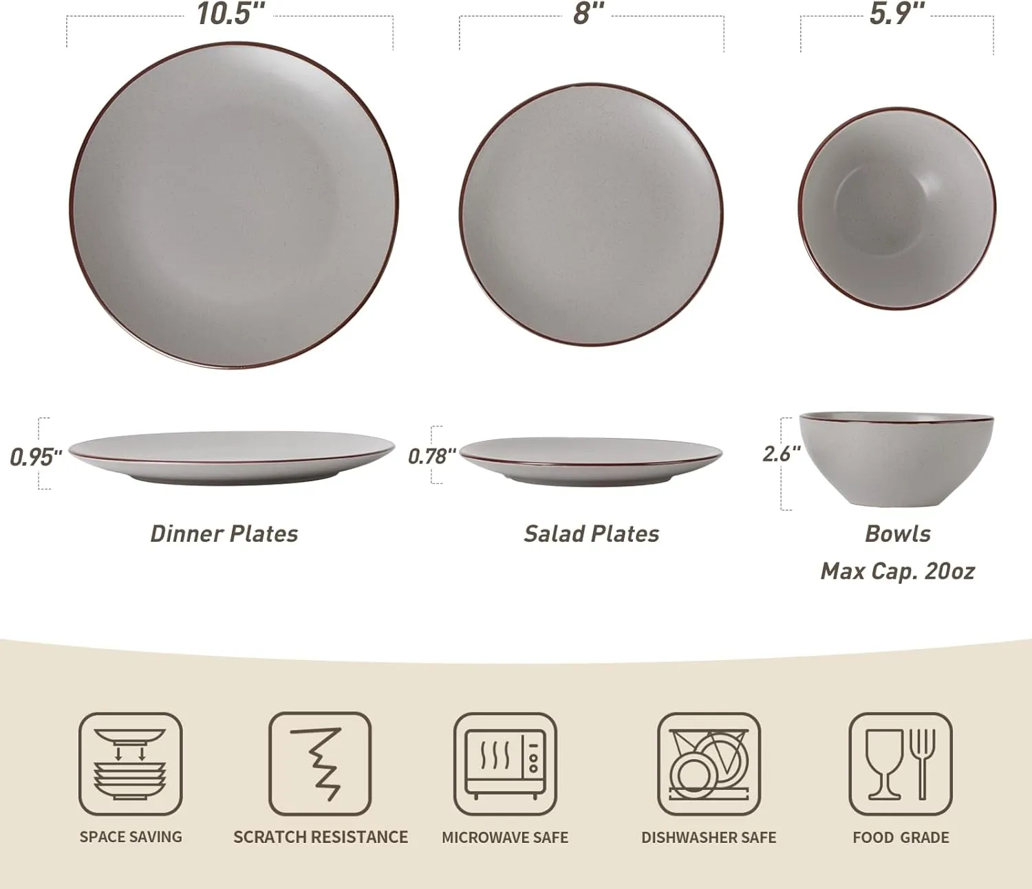 Famiware Venus Ceramic Plates and Bowls Sets, Speckled Dinnerware Dish Sets for 4 (12 Pieces) - Microwave and Dishwasher Safe, Matte Light Grey