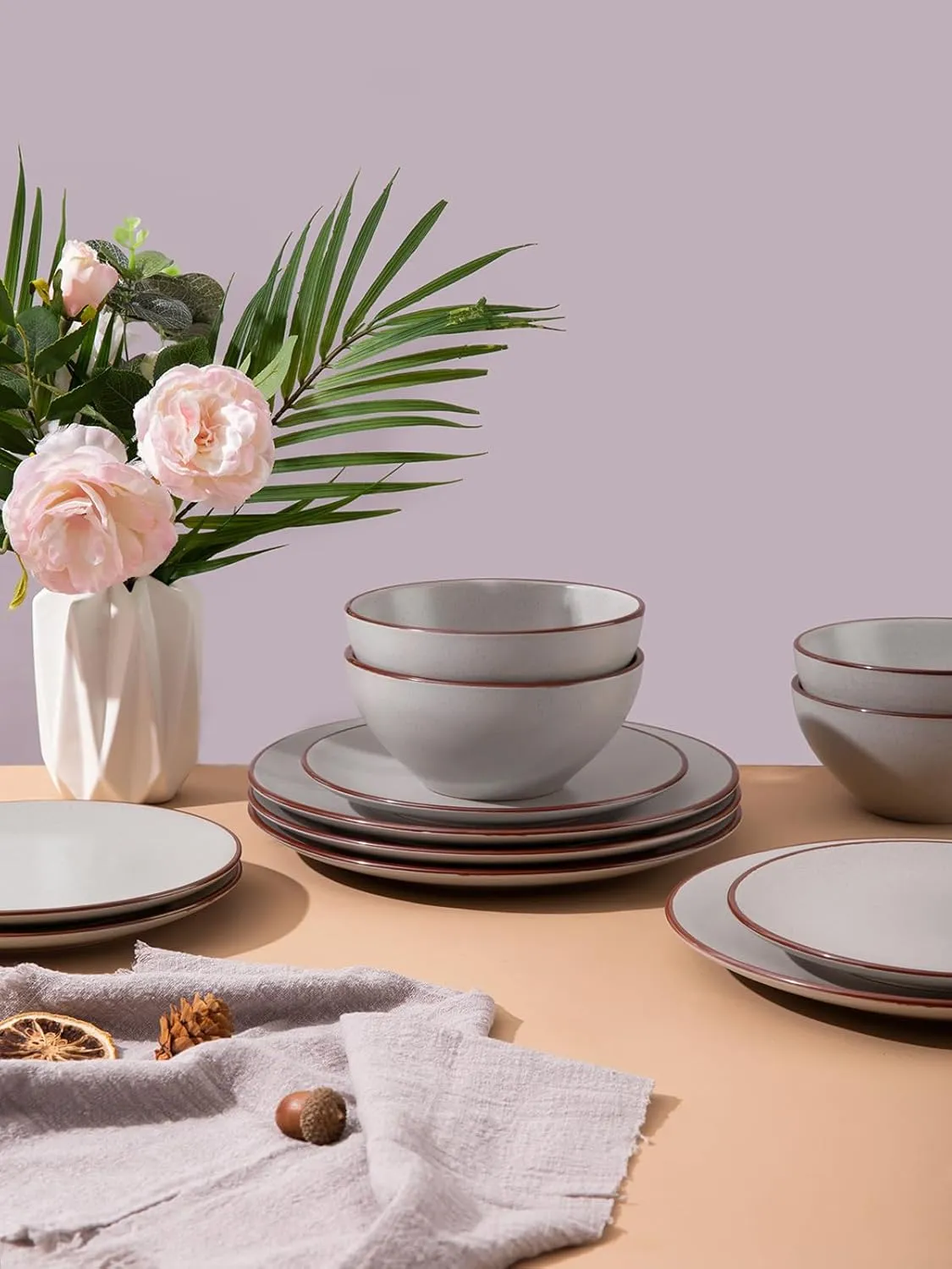 Famiware Venus Ceramic Plates and Bowls Sets, Speckled Dinnerware Dish Sets for 4 (12 Pieces) - Microwave and Dishwasher Safe, Matte Light Grey