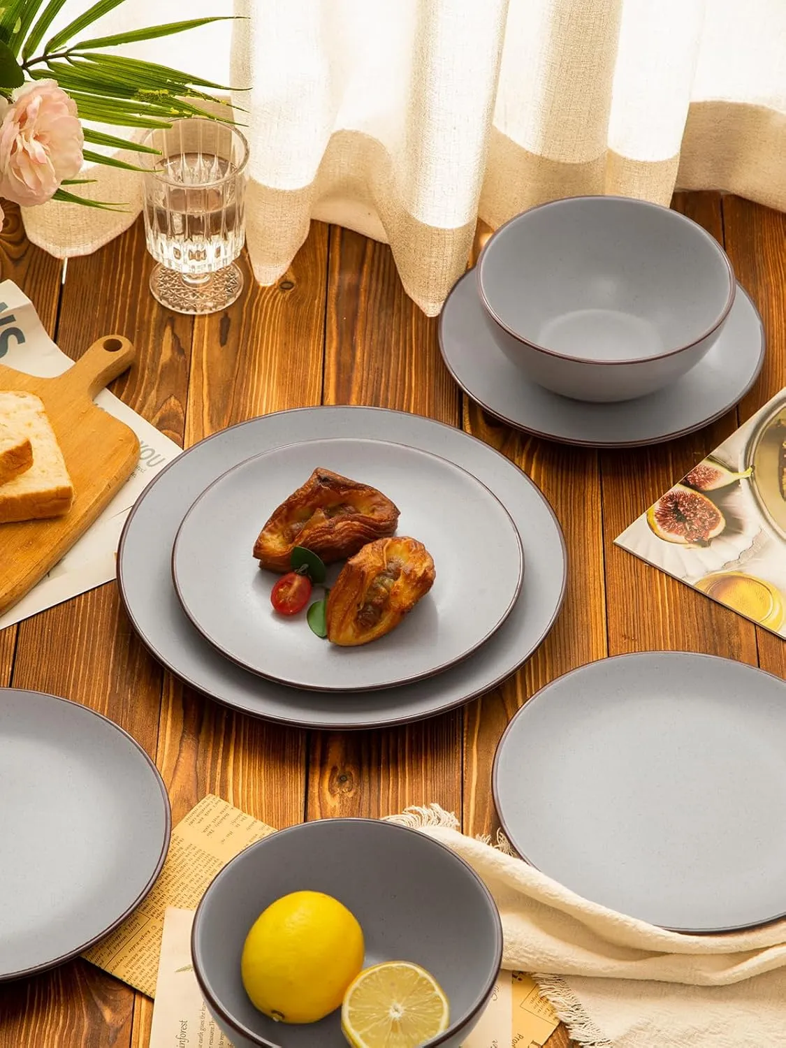 Famiware Venus Ceramic Plates and Bowls Sets, Speckled Dinnerware Dish Sets for 4 (12 Pieces) - Microwave and Dishwasher Safe, Matte Light Grey