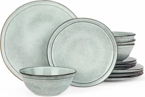Famiware Aegean Dinnerware Set for 4, Plates and Bowls Sets, 12-Piece Stoneware Scratch Resistant Dinner Set, Handmade Irregular Round Dishes, Microwave and Dishwasher Safe, Light Blue