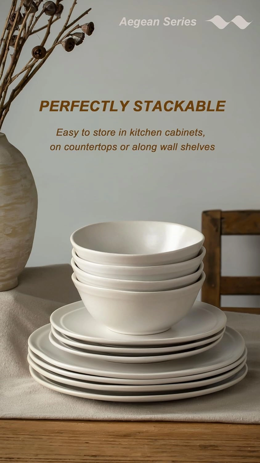 Famiware Aegean Dinnerware Set for 4, Plates and Bowls Sets, 12-Piece Stoneware Scratch Resistant Dinner Set, Handmade Irregular Round Dishes, Microwave and Dishwasher Safe, Matte White