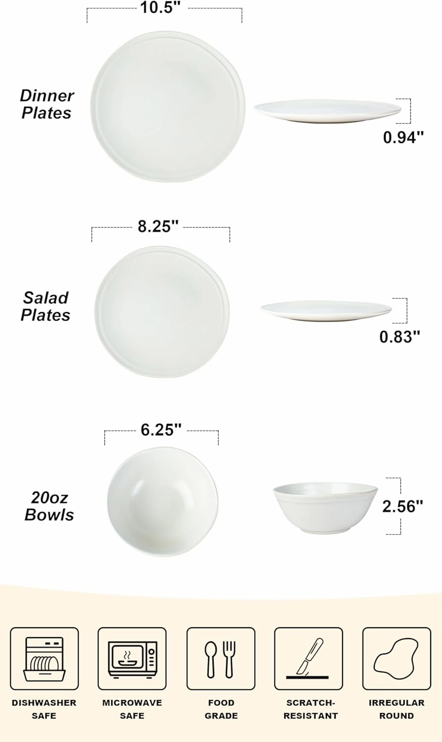 Famiware Aegean Dinnerware Set for 4, Plates and Bowls Sets, 12-Piece Stoneware Scratch Resistant Dinner Set, Handmade Irregular Round Dishes, Microwave and Dishwasher Safe, Matte White