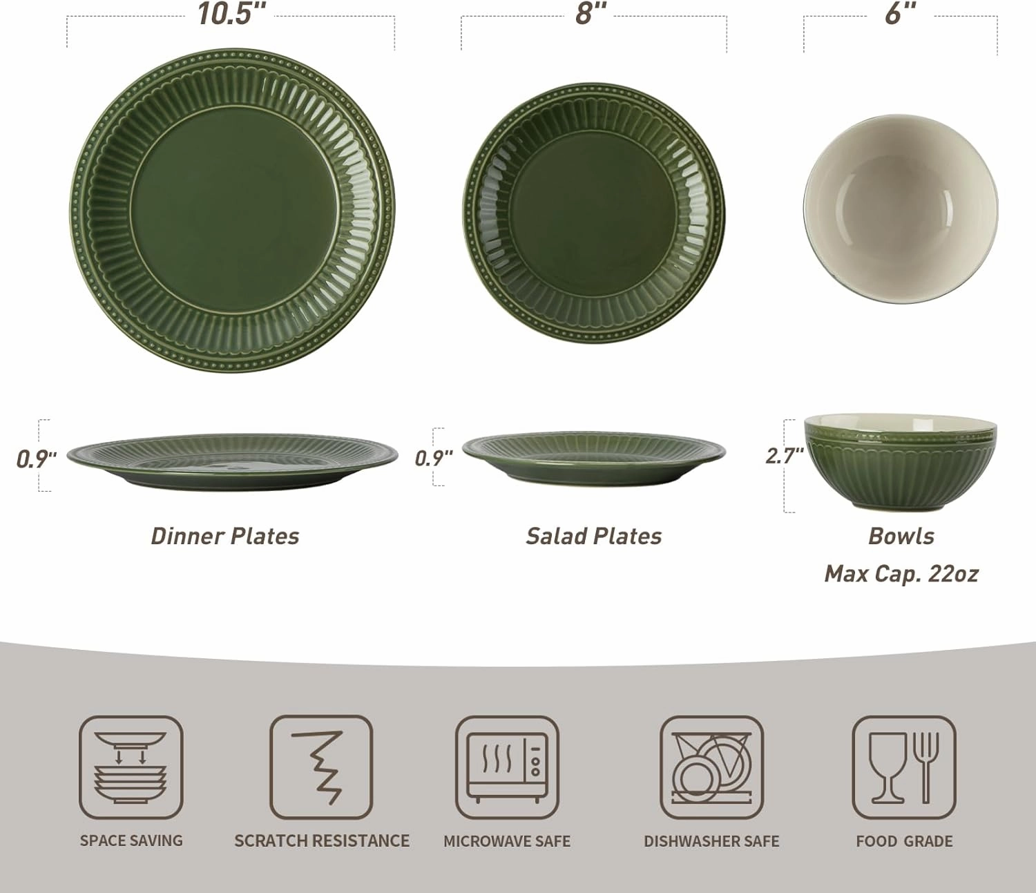Famiware Garden Plates and Bowls Set, 12-Piece Dishes Set for 4, Scratch Resistant Kitchen Dishes Dinnerware Set - Microwave and Dishwasher Safe, Reactive Glaze and Embossed Stoneware, Dark Green