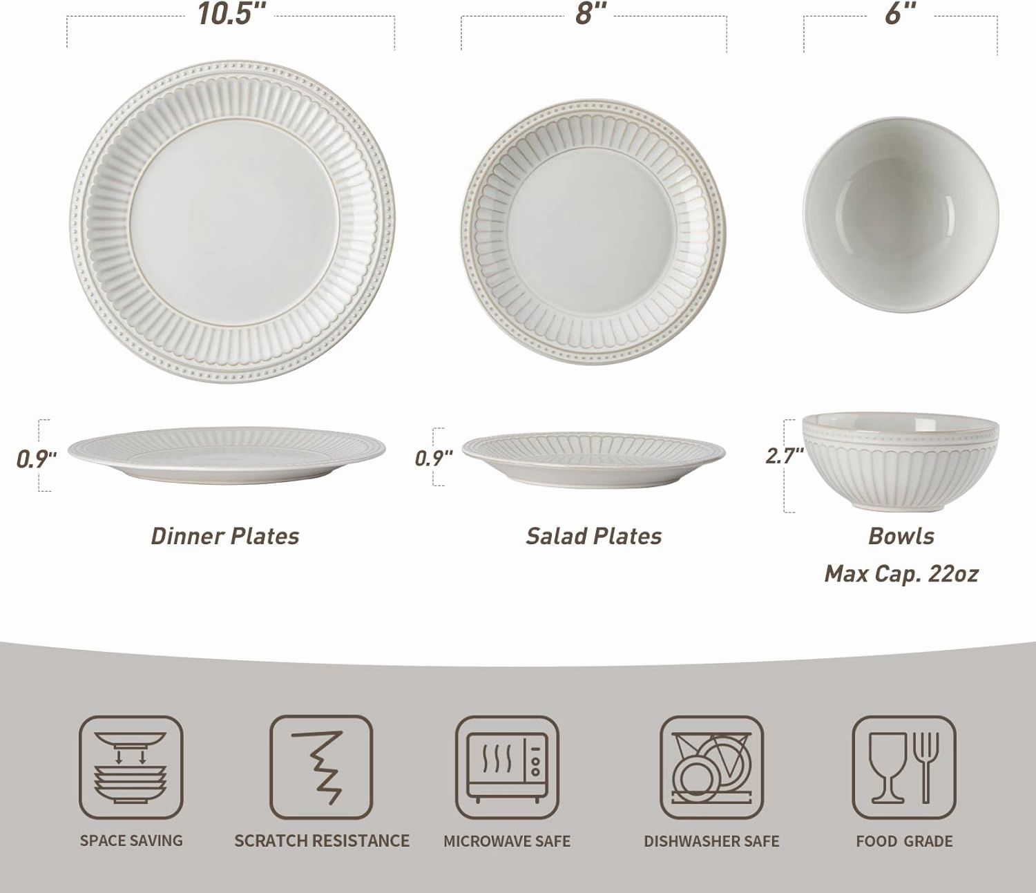 Famiware Garden Plates and Bowls Set, 12-Piece Dishes Set for 4, Scratch Resistant Kitchen Dishes Dinnerware Set - Microwave and Dishwasher Safe, Reactive Glaze and Embossed Stoneware, White