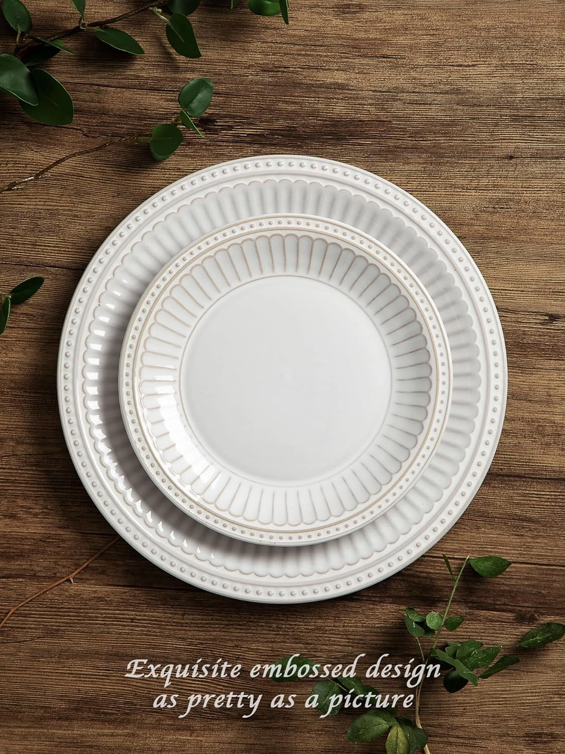 Famiware Garden Plates and Bowls Set, 12-Piece Dishes Set for 4, Scratch Resistant Kitchen Dishes Dinnerware Set - Microwave and Dishwasher Safe, Reactive Glaze and Embossed Stoneware, White