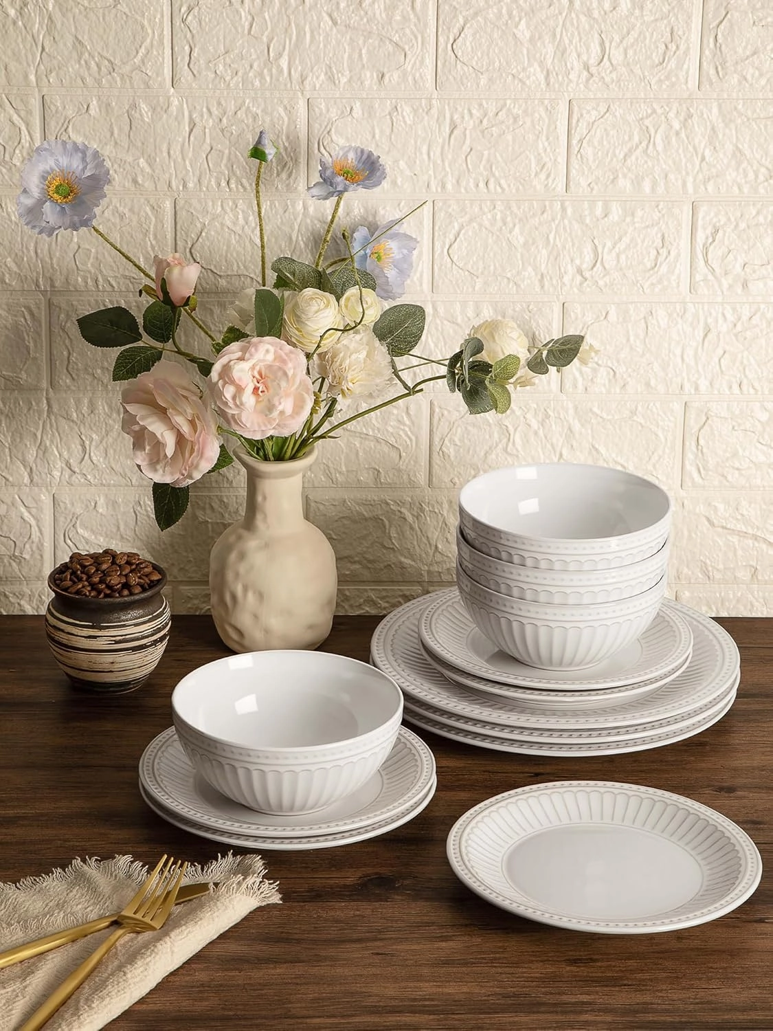 Famiware Garden Plates and Bowls Set, 12-Piece Dishes Set for 4, Scratch Resistant Kitchen Dishes Dinnerware Set - Microwave and Dishwasher Safe, Reactive Glaze and Embossed Stoneware, White