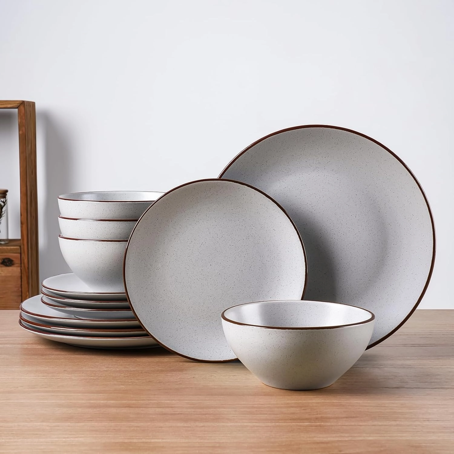Famiware Venus Ceramic Plates and Bowls Sets, Speckled Dinnerware Dish Sets for 4 (12 Pieces) - Microwave and Dishwasher Safe, Matte Light Grey