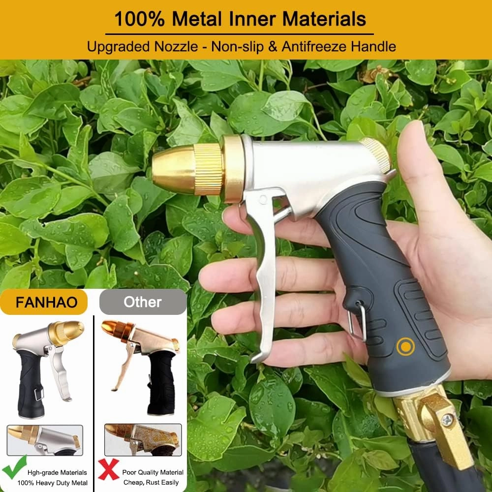 FANHAO Garden Hose Nozzle, 100% Heavy Duty Metal Spray Nozzle High Pressure Water Nozzle with 4 Patterns for Watering Garden, Washing Cars and Showering Pets - Full Brass Nozzle   ABS Non-Slip Grip