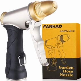 FANHAO Garden Hose Nozzle, 100% Heavy Duty Metal Spray Nozzle High Pressure Water Nozzle with 4 Patterns for Watering Garden, Washing Cars and Showering Pets - Full Brass Nozzle   ABS Non-Slip Grip