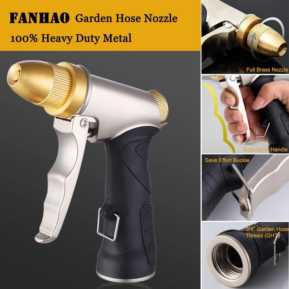FANHAO Garden Hose Nozzle, 100% Heavy Duty Metal Spray Nozzle High Pressure Water Nozzle with 4 Patterns for Watering Garden, Washing Cars and Showering Pets - Full Brass Nozzle   ABS Non-Slip Grip