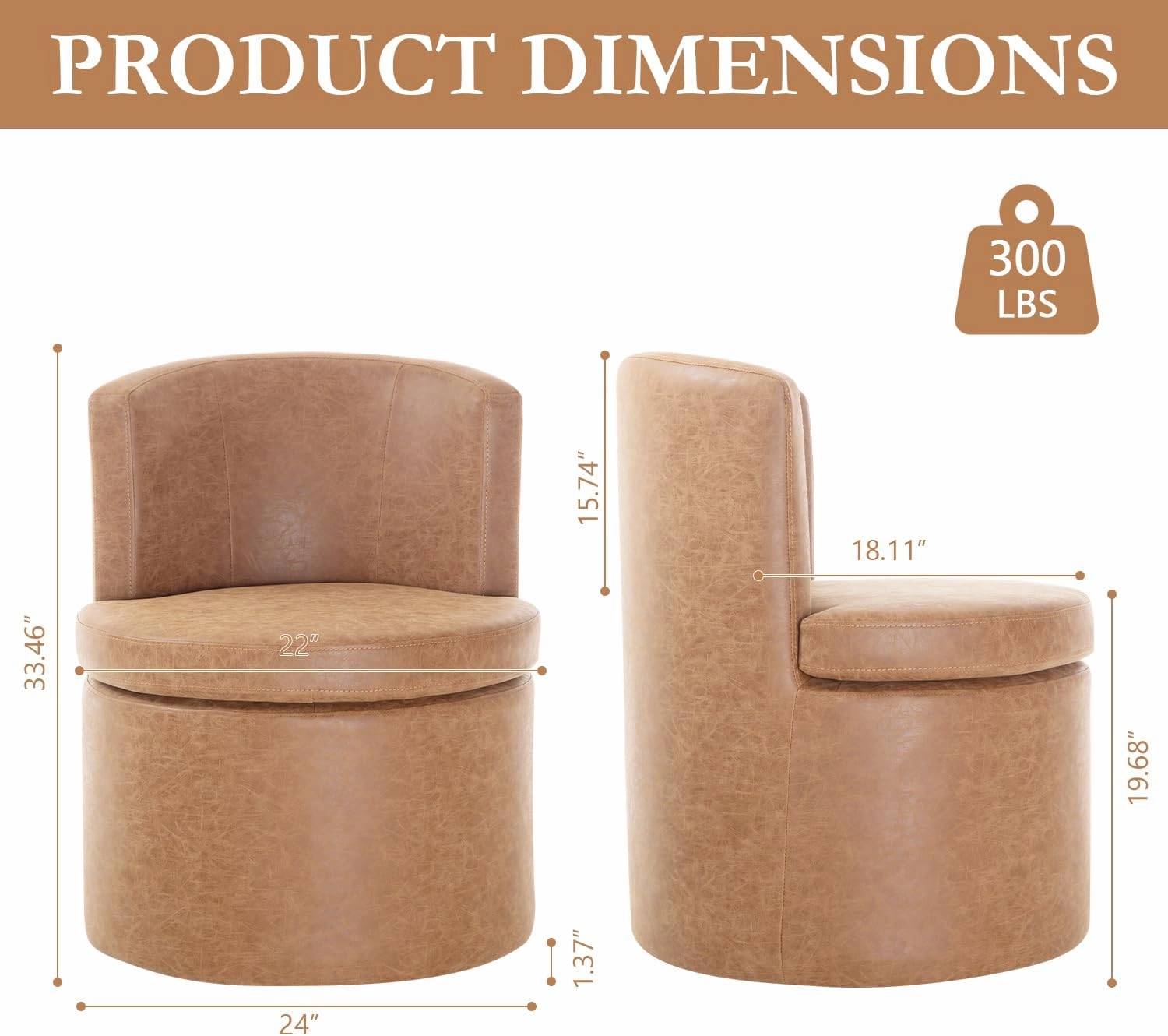 Faux Leather Rolling Dining Chairs with Casters Set of 2, Modern Upholstered Kitchen & Dining Room Comfortable Decorative Chairs, for Bedroom Reading Room Living, Light Brown