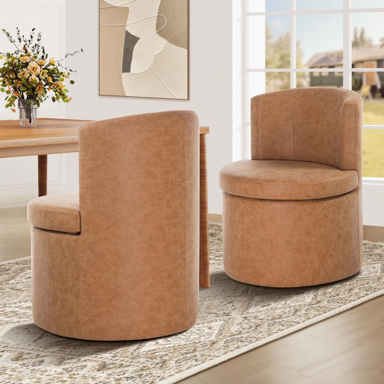 Faux Leather Rolling Dining Chairs with Casters Set of 2, Modern Upholstered Kitchen & Dining Room Comfortable Decorative Chairs, for Bedroom Reading Room Living, Light Brown