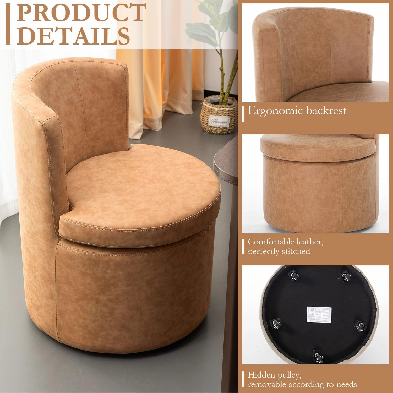 Faux Leather Rolling Dining Chairs with Casters Set of 2, Modern Upholstered Kitchen & Dining Room Comfortable Decorative Chairs, for Bedroom Reading Room Living, Light Brown