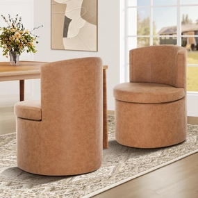Faux Leather Rolling Dining Chairs with Casters Set of 2, Modern Upholstered Kitchen & Dining Room Comfortable Decorative Chairs, for Bedroom Reading Room Living, Light Brown