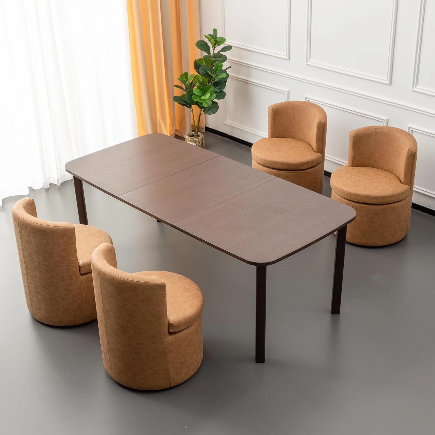 Faux Leather Rolling Dining Chairs with Casters Set of 2, Modern Upholstered Kitchen & Dining Room Comfortable Decorative Chairs, for Bedroom Reading Room Living, Light Brown