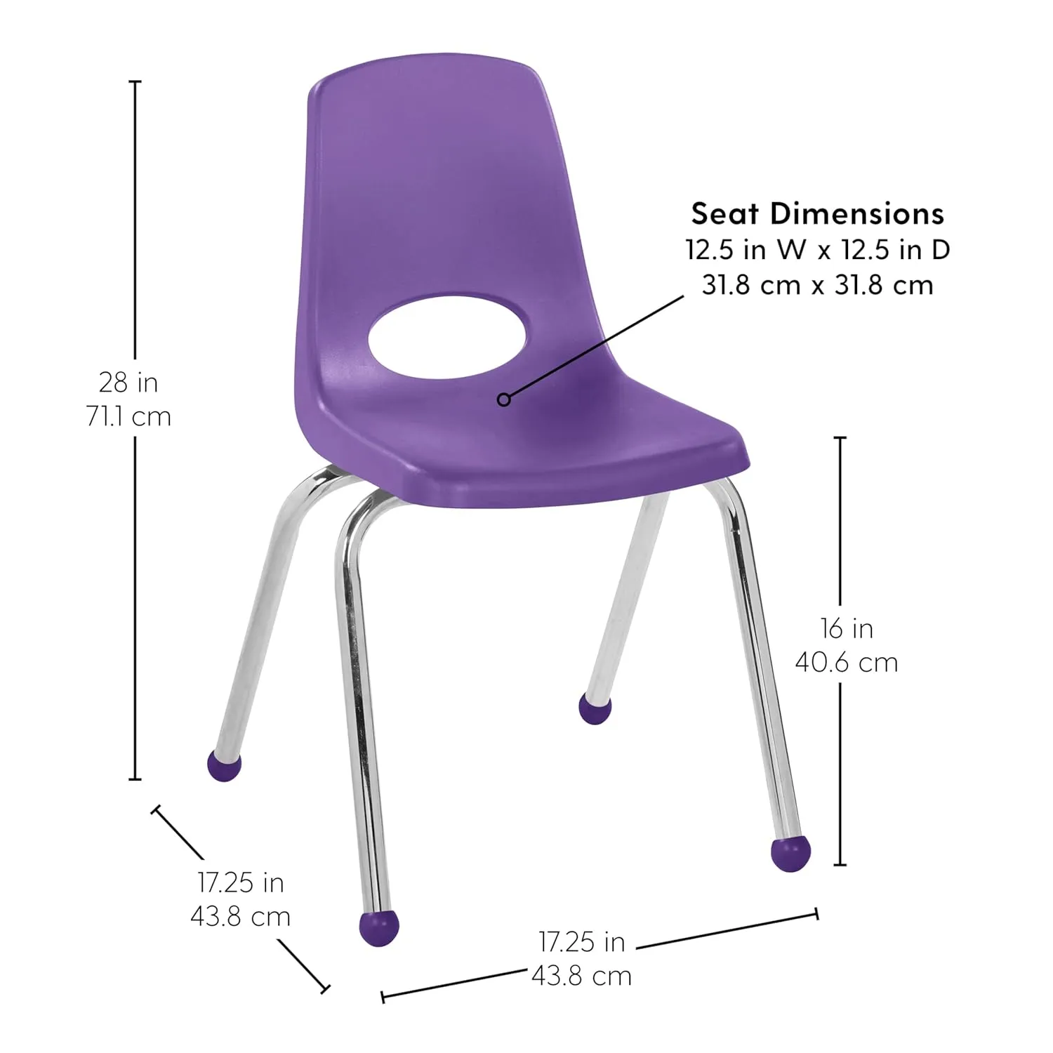 FDP 16" School Stack Chair, Stacking Student Seat with Chromed Steel Legs and Ball Glides; for in-Home Learning or Classroom - Purple (4-Pack), 10382-PU