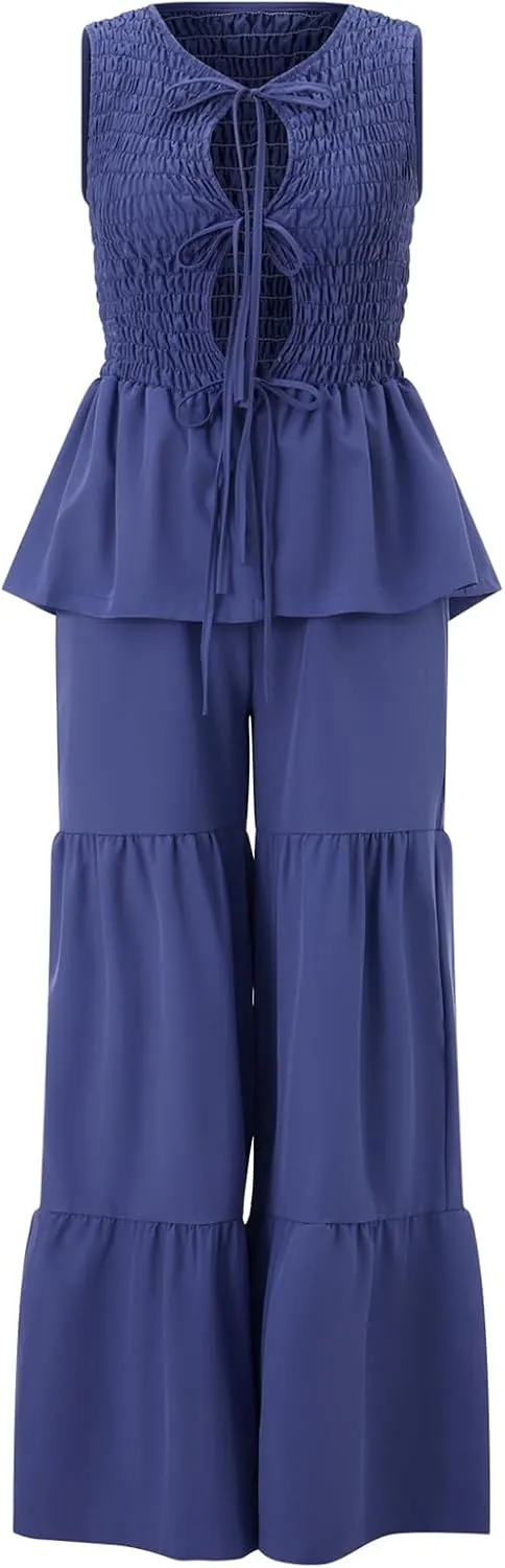 FEORJGP Women Y2K Peplum 2 Piece Pants Set Tracksuit Sleeveless Peplum Tank Top with Pants 2PCs Clothes Set Summer Streetwear