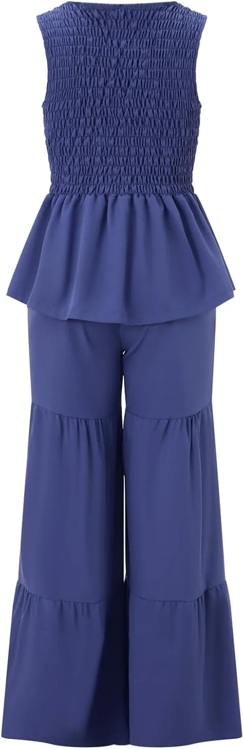 FEORJGP Women Y2K Peplum 2 Piece Pants Set Tracksuit Sleeveless Peplum Tank Top with Pants 2PCs Clothes Set Summer Streetwear