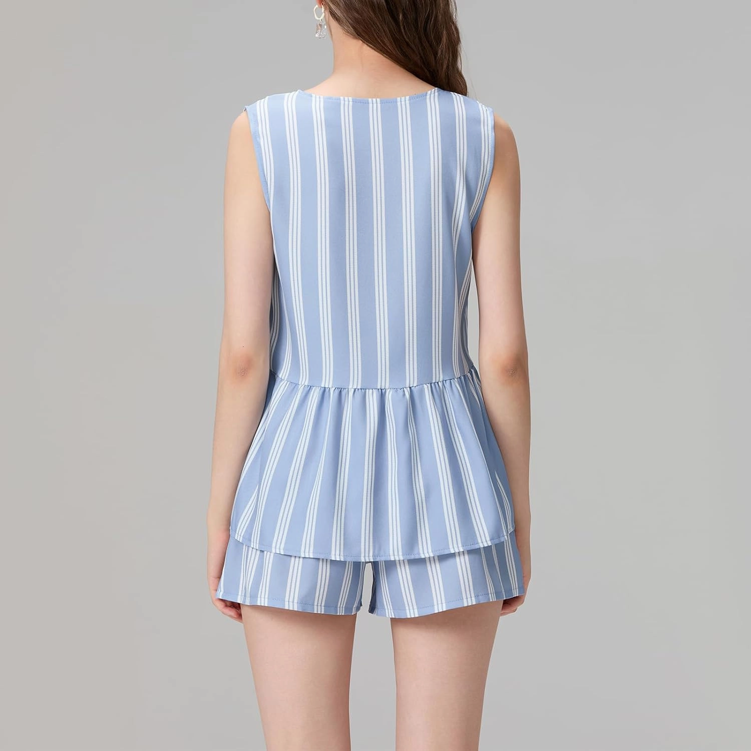 FEORJGP Womens Peplum 2 Piece Shorts Set Tracksuit Striped Peplum Tank Tops with Shorts 2PCs Clothes Set Summer Loungewear