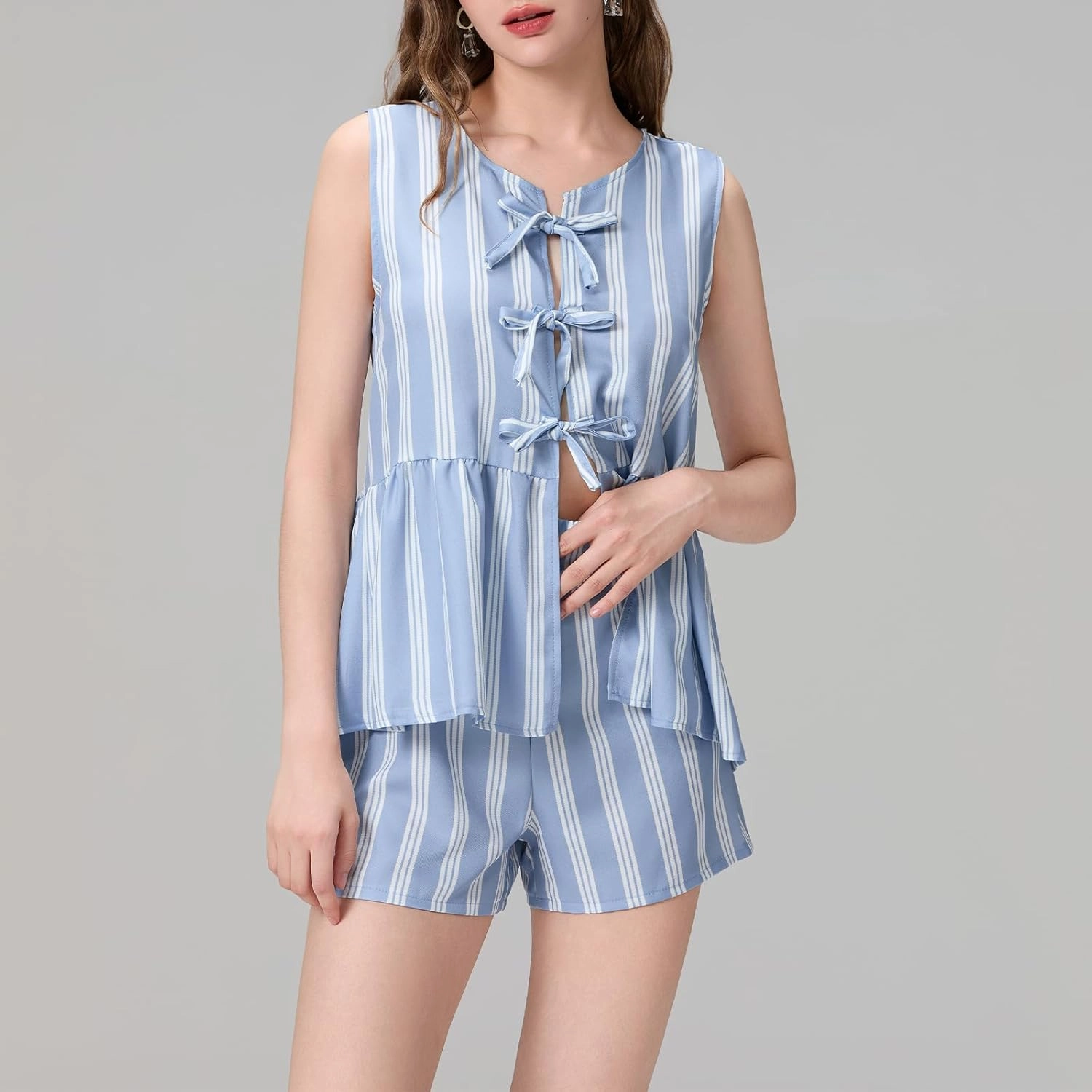 FEORJGP Womens Peplum 2 Piece Shorts Set Tracksuit Striped Peplum Tank Tops with Shorts 2PCs Clothes Set Summer Loungewear