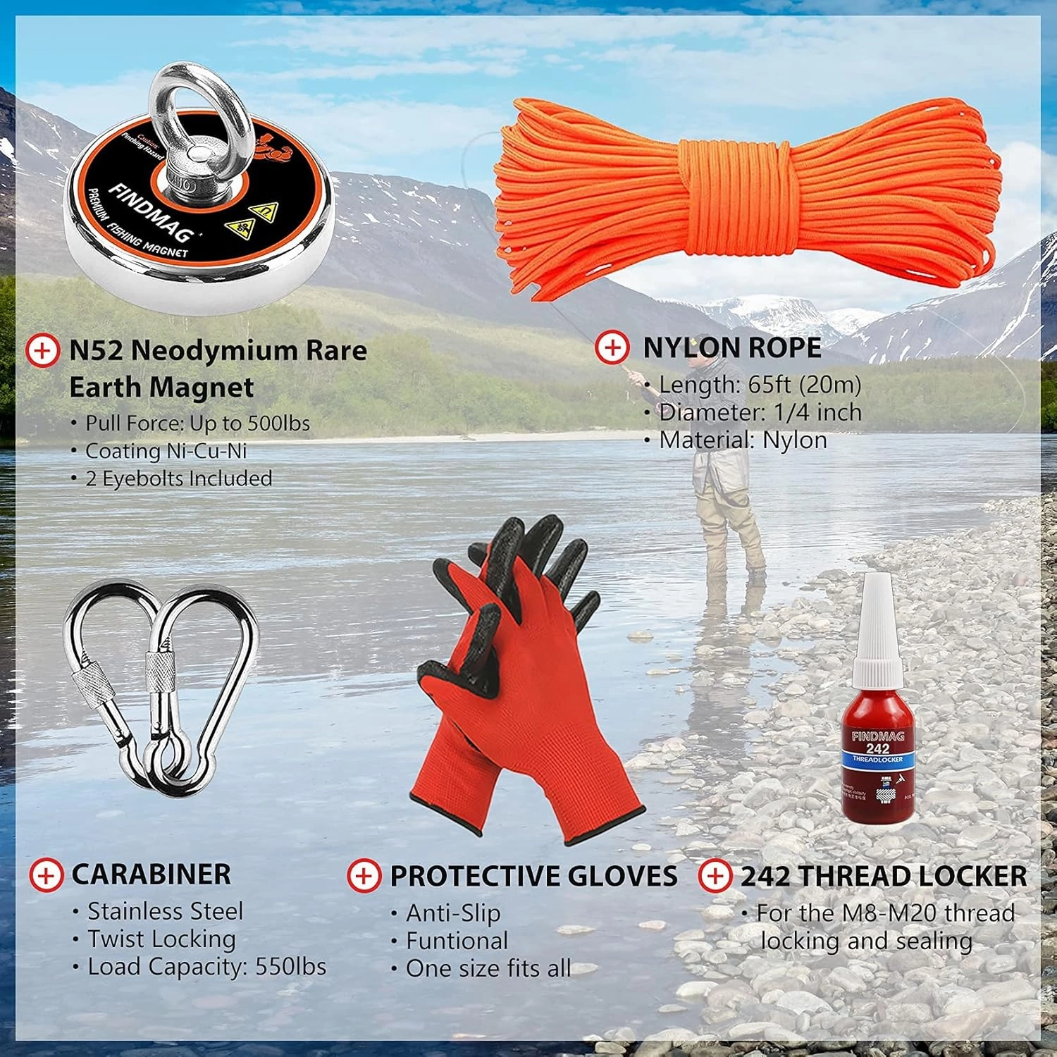 FINDMAG Super Strong Neodymium Fishing Magnets Kit, 500 LBS Pulling Force Magnetic Fishing Kit, Diameter 2.36 inch(60 mm) Magnets for Retrieving in River and Magnet Fishing