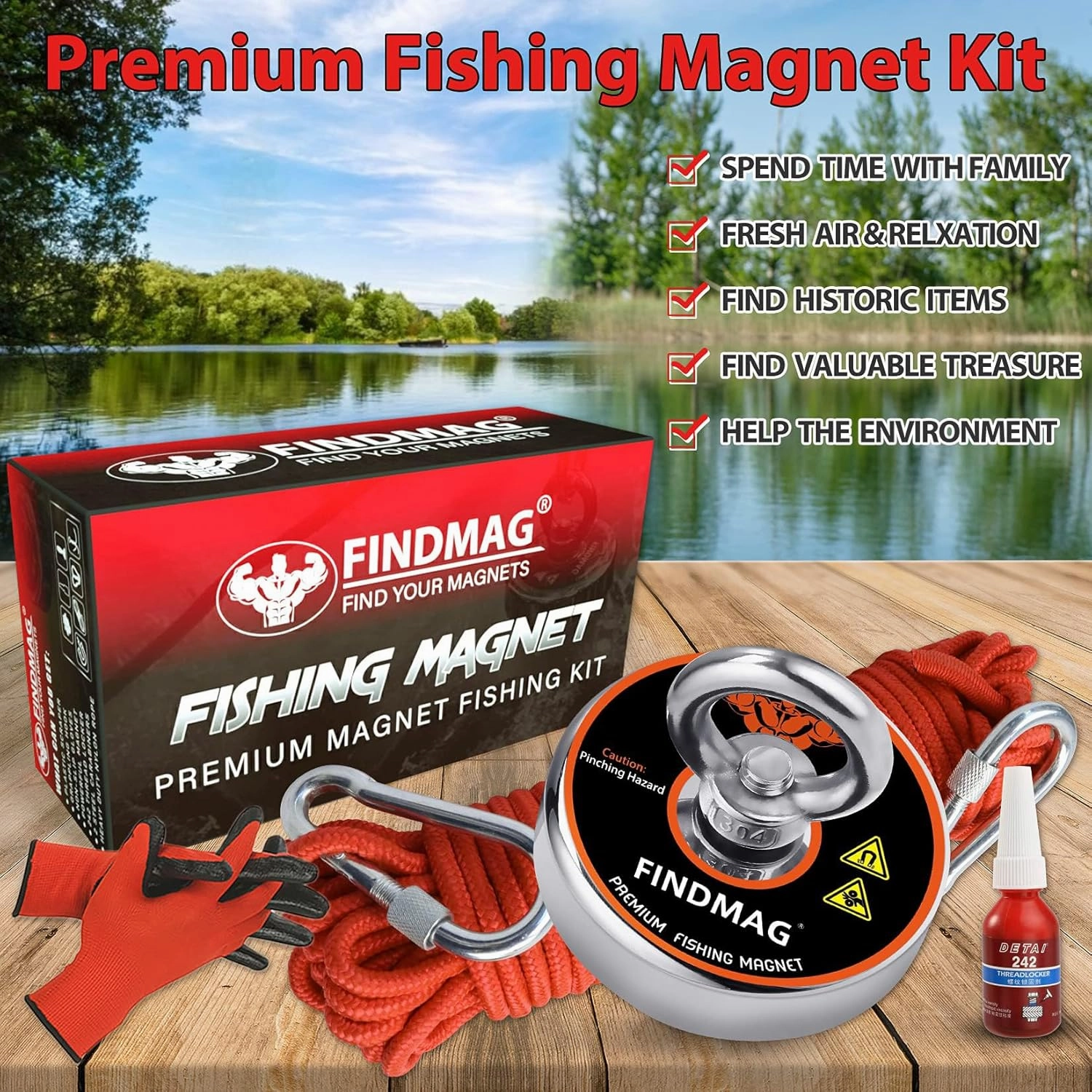 FINDMAG Super Strong Neodymium Fishing Magnets Kit, 500 LBS Pulling Force Magnetic Fishing Kit, Diameter 2.36 inch(60 mm) Magnets for Retrieving in River and Magnet Fishing