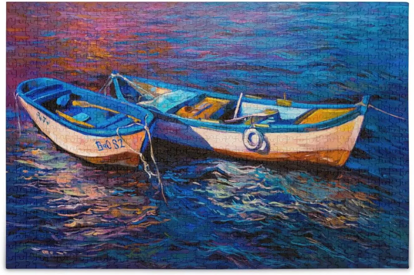 Fishing Boat Oil Painting Jigsaw Puzzles for Kids Adults 1000 Pieces, Fun Educational Games Toy Birthday Gift Art Home Decor Finish Size 29.5 x 20 Inches