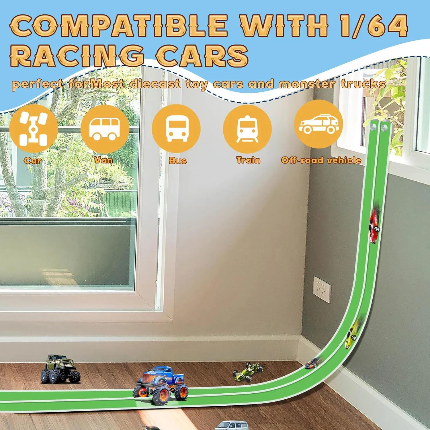 Flex Track 15 Ft Starter Set, Flexible Race Car Ramp Track for Ages 3 & Up with Suction Cups Compatible with Hot Wheels and Diecast 1/64th Cars
