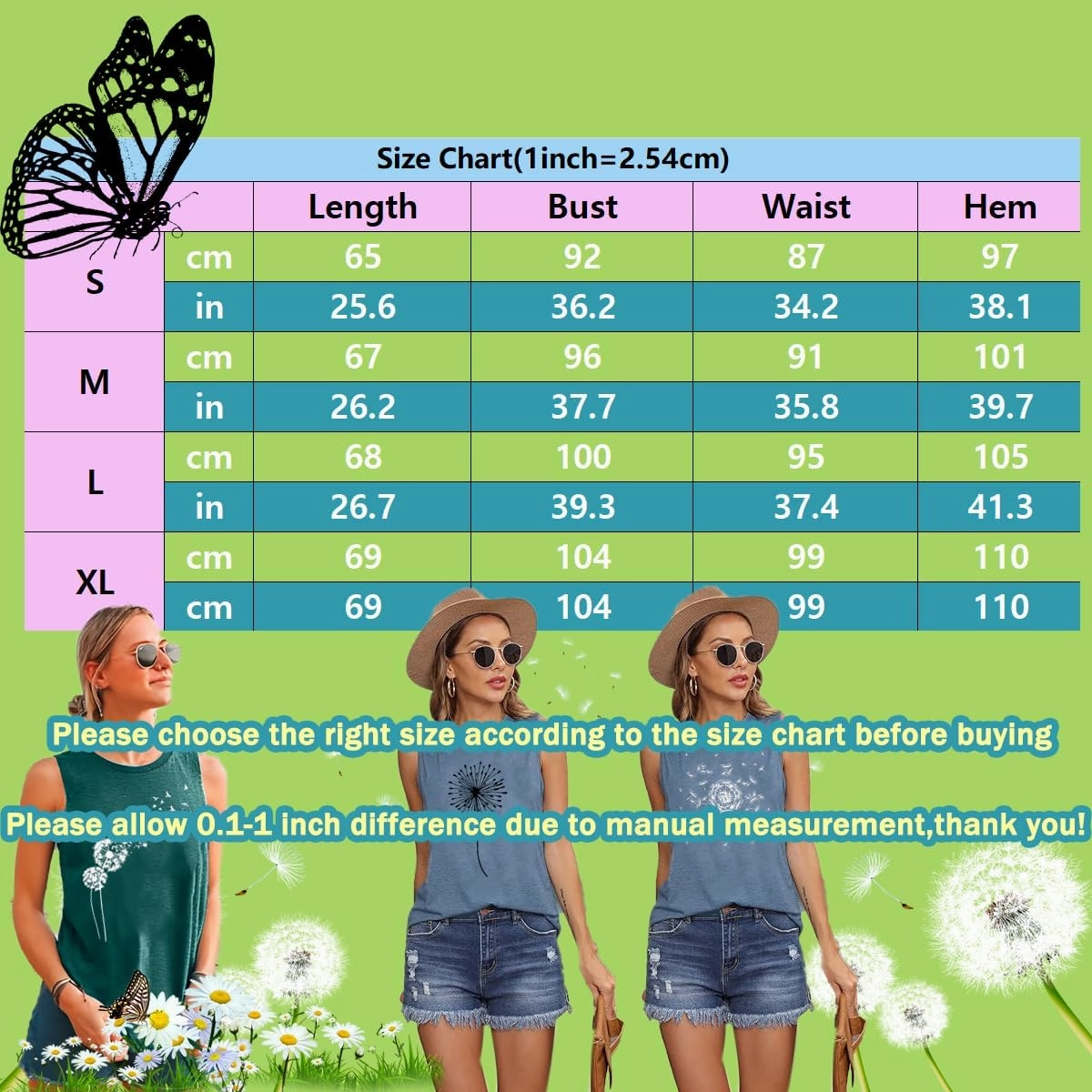 Floral Tank Top for Women Butterflies Dandelion Graphic Print Sleeveless Tees Camping Hiking Tunic T-Shirt