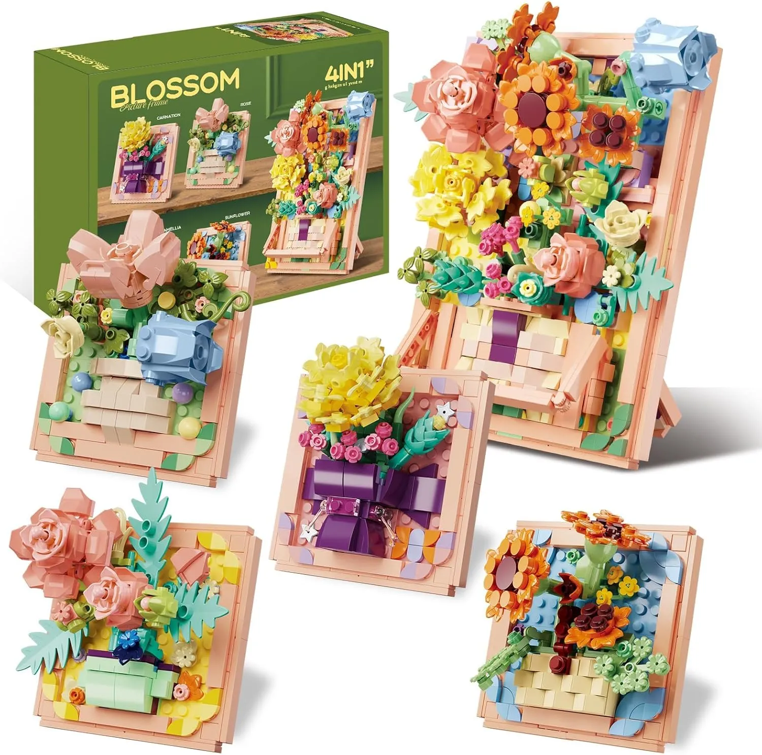 Flowers Building Set for Women - 4 In 1 3D Flower Picture Frames Building Sets, Rose Sunflower Botanical Collection Home Office Decor, Ideas Gift for Valentine Mother's Day Birthday Xmas Girls Adults